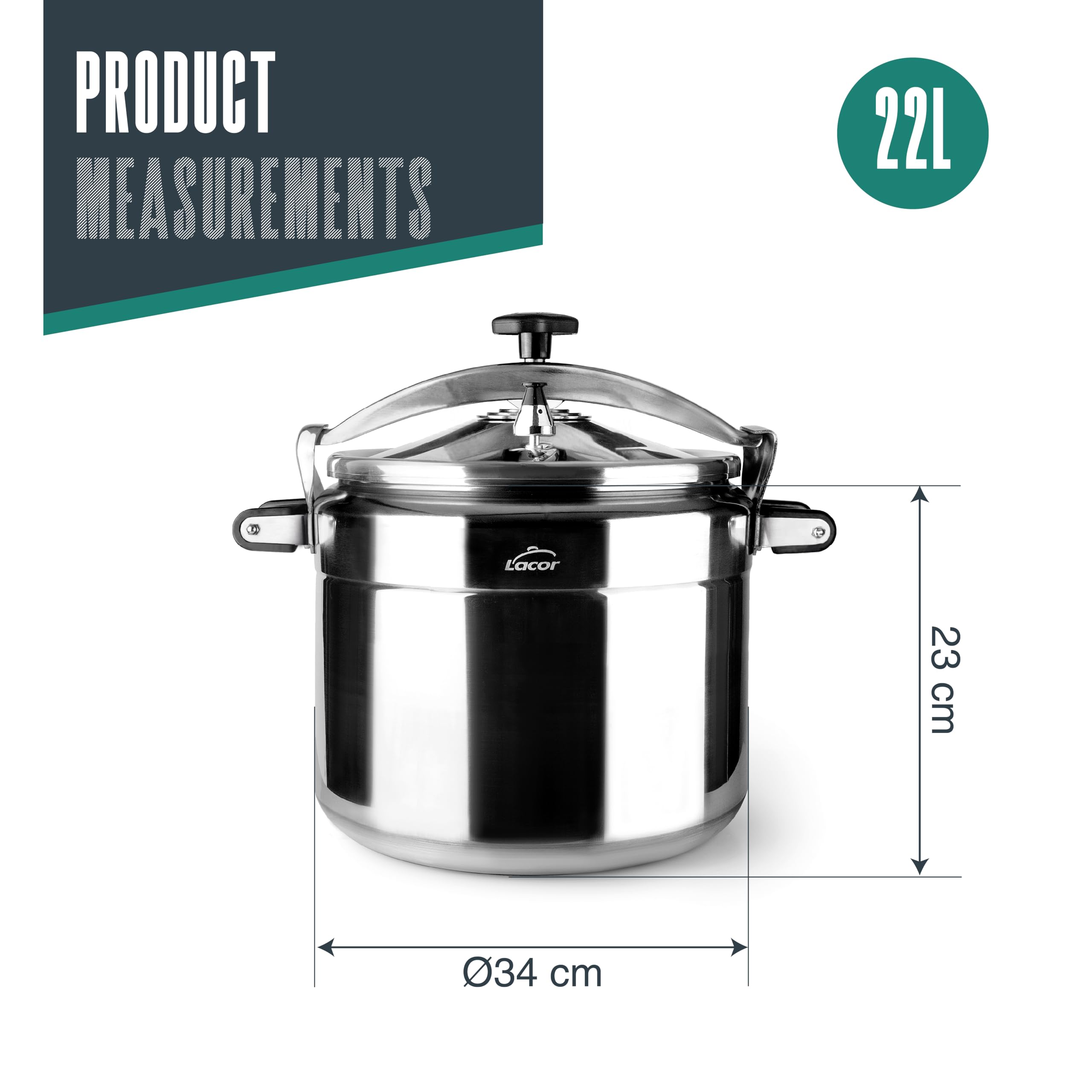 Lacor - 20522 - Pentola a pressione veloce PRO, Classica, Alluminio, Professionale, Massima sicurezza, 22 L, Ø 34 cm