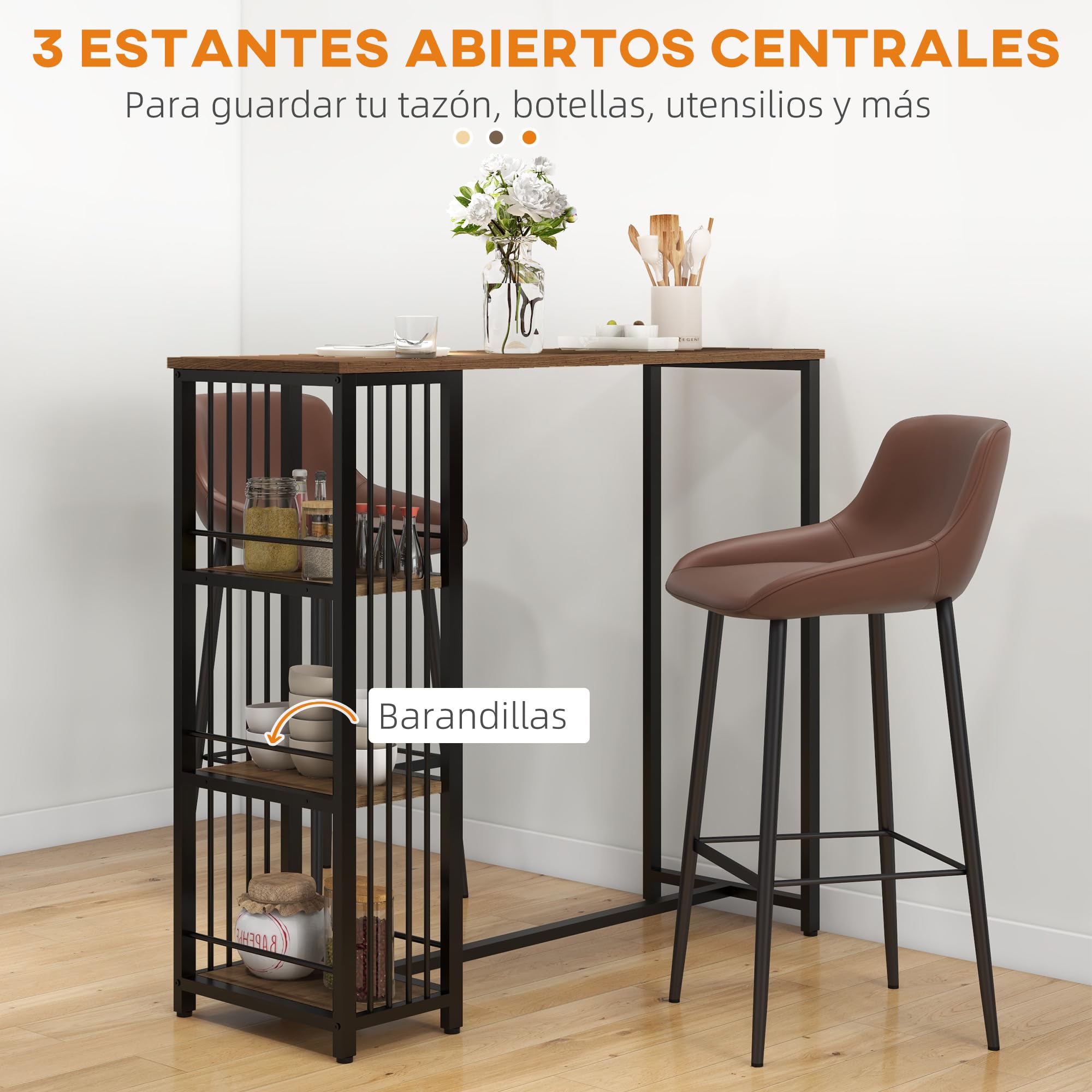 HOMCOM Mesa Alta Cocina Bar para 2 Personas 120x40x105 cm Marrón y Negro | Con 3 Estantes, Mesa Alta Bar Rectangular, Patas de Acero, para Salón, Comedor