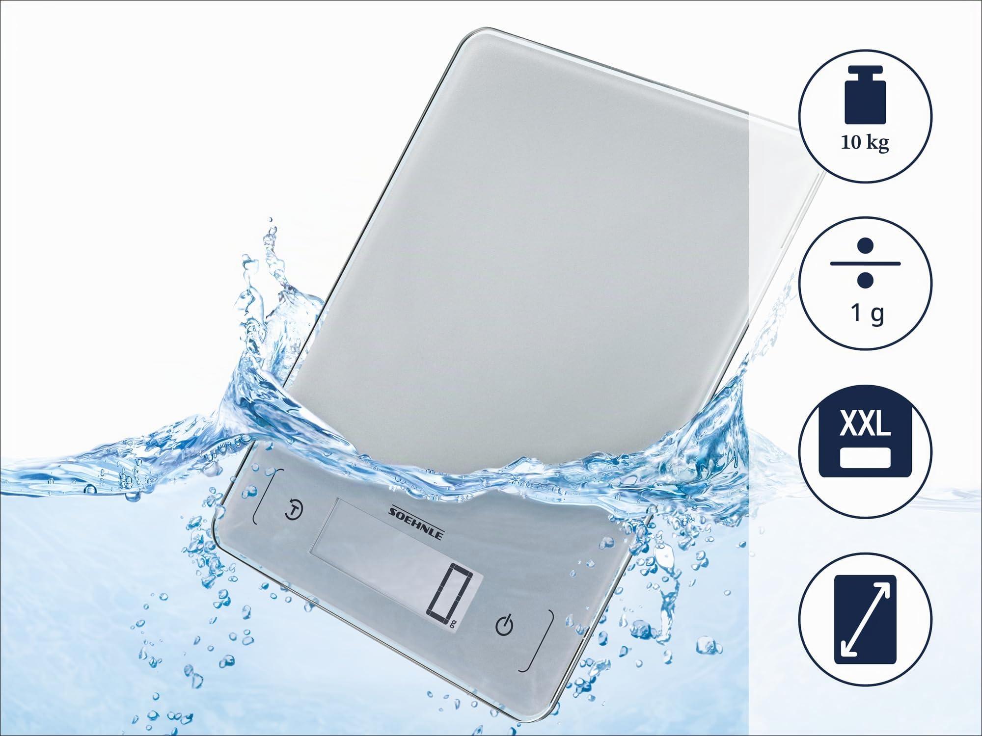 Soehnle Báscula de cocina Page Aqua Proof, báscula digital que pesa entre 1 g y 10 kg, peso de cocina apta para lavavajillas y con pantalla LCD XXL con dígitos de 23 mm de altura, gris | Microfibra micro duo para suciedad incrustada, giro 360°, apta para