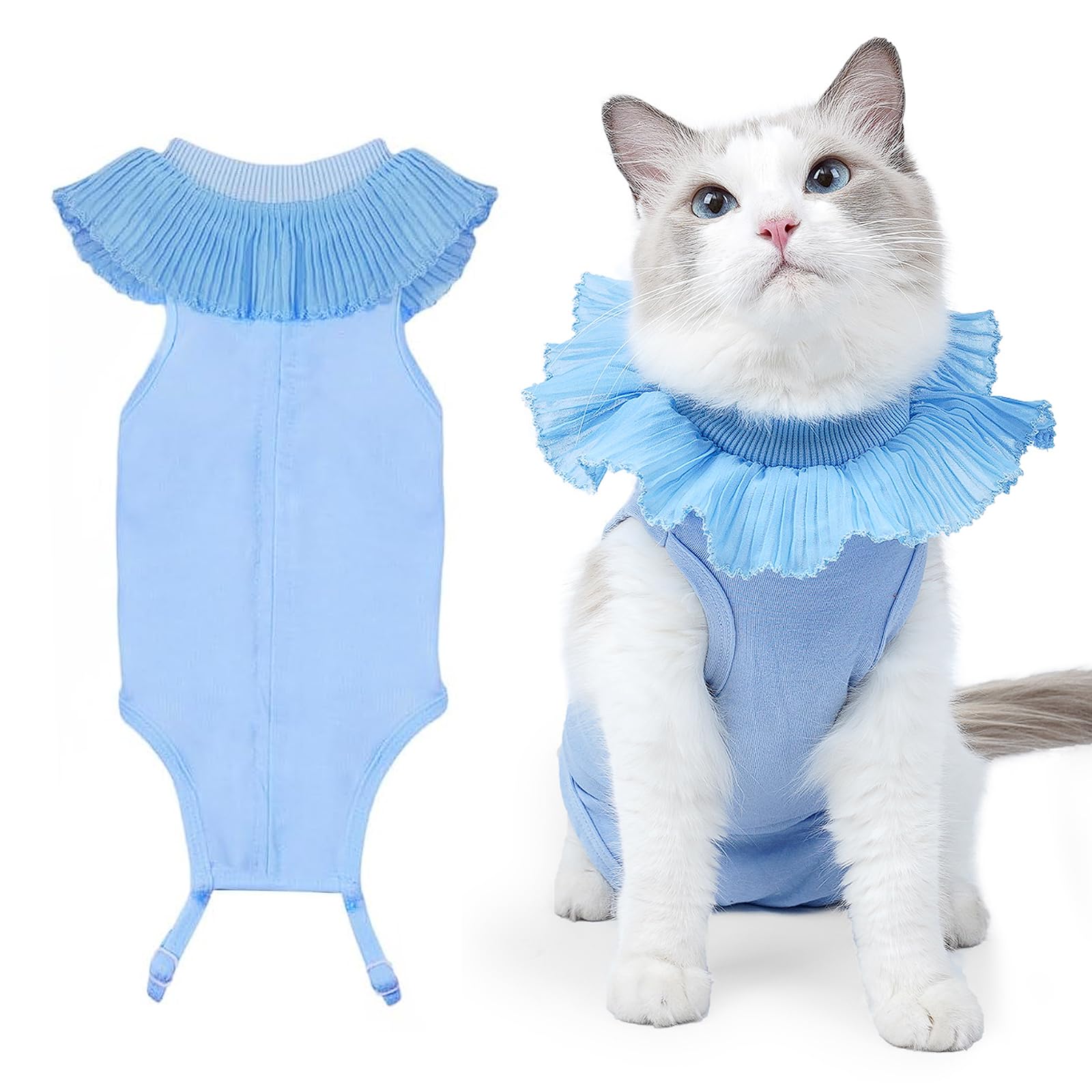 AmbreviewCat Recovery Suit for Female Cat, Kitten Recovery Onesie for Abdominal Wounds and Skin Diseases, Alternative Cone E-Collar Spay Suits for Cats After Surgery (Blue, L)