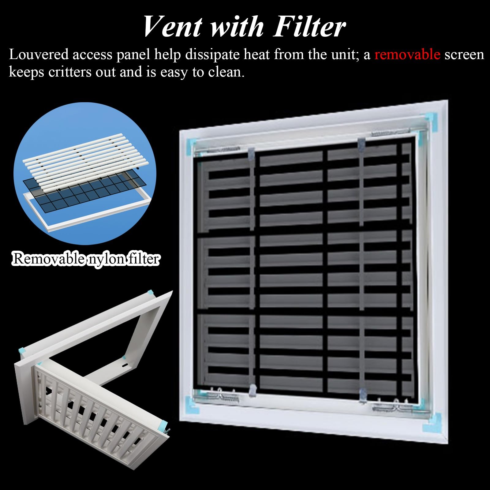 Panel de acceso ventilado con rejilla protectora ignífuga, puerta de acceso al ático, puerta de acceso al espacio de arrastre (40 x 40 cm) y seguro.