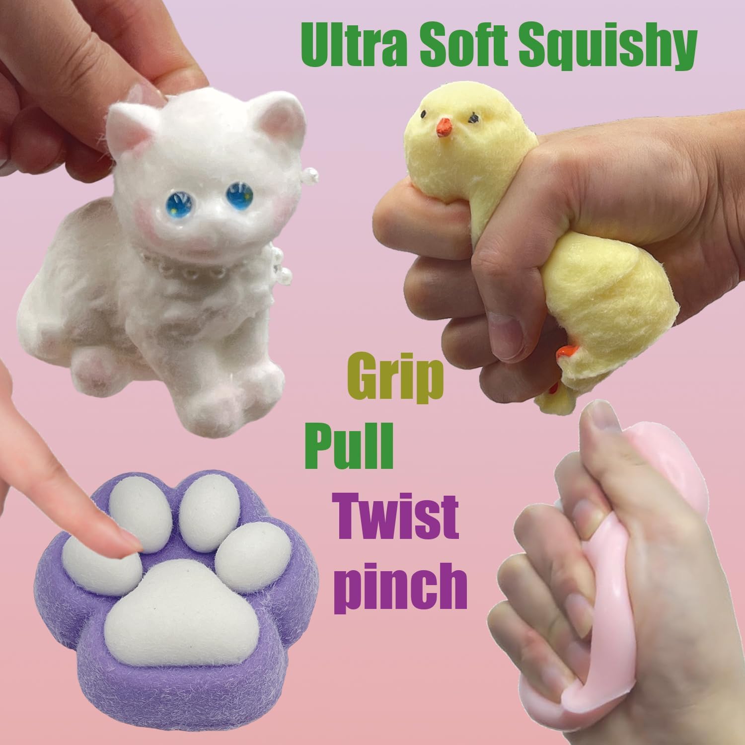 Big Taba Squishy 4-Pack Bundle - Fufu Squishy Toys Set with Chick, Giant Cat & 2 Paw Squishies, Soft Slow-Rise Stress Relief Sensory Toys for Kids Adults Anxiety Relief