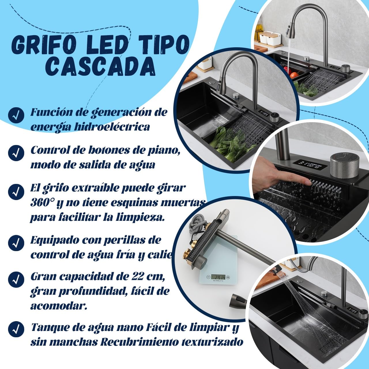 85x45cm Fregadero De Cocina De Con Cascada Negro, Lugar De Trabajo Grifo De Cascada LED, Tabla De Cortar Deslizante Y Fregadero De Tazas De Alta Presión, Compacto Y Multifuncional
