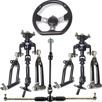 Front Axle Kit 4 Wheel Drive Shaft Assembly Shock Swingarm Tie Rod & Steering Wheel Gear Rack Pinion for Electric Go Kart ATV Quad Buggy Golf Cart 4 Wheeler Drift Trike Dolly Cart Mini Bike