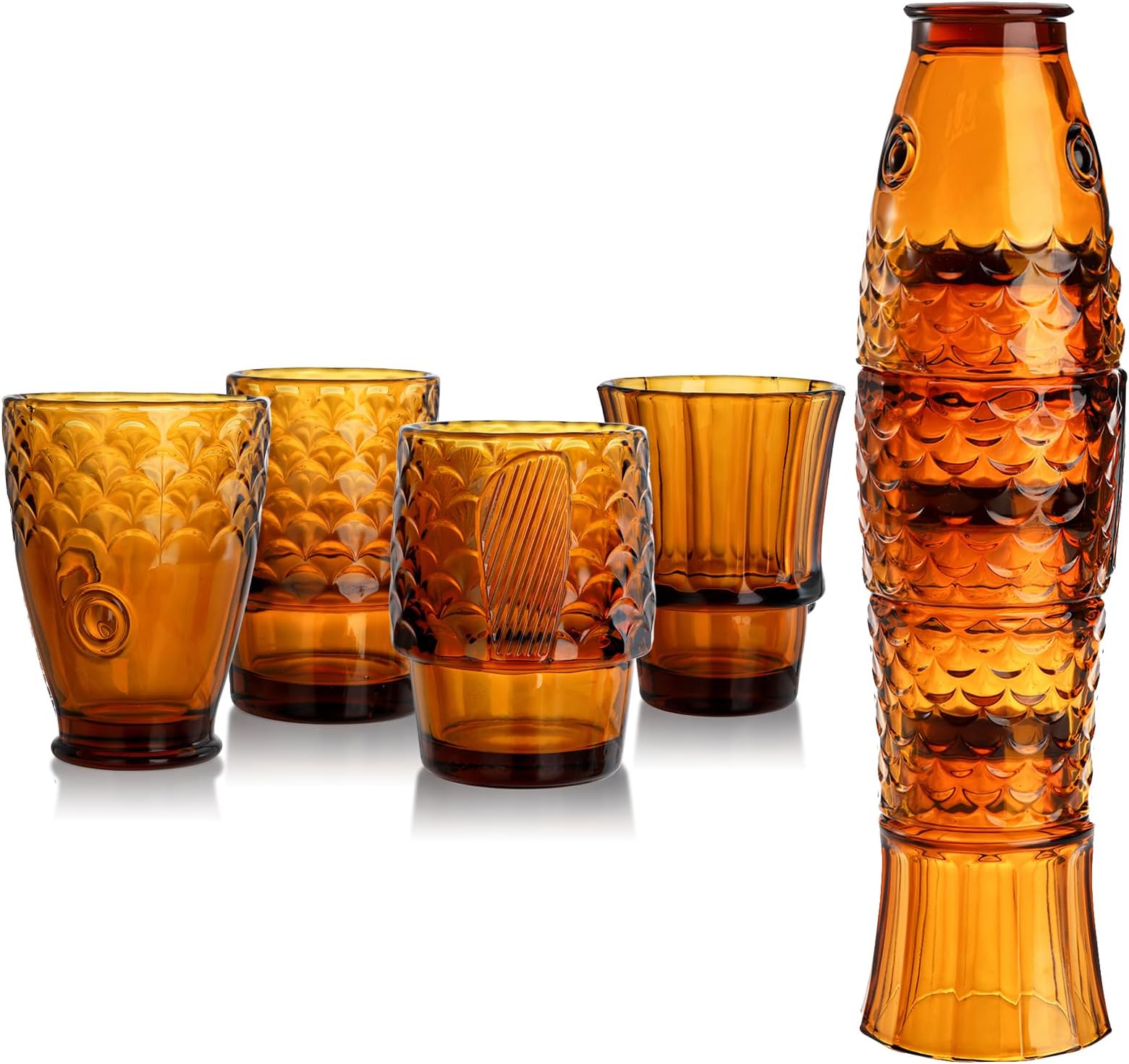 Frcctre Set of 4 Koi Fish Design Drinking Glasses, Stackable Amber Tumbler Glasses Beverage Cups Juice Tumblers Drinking Water Cups Nautical Glassware for Home, Party, Bar