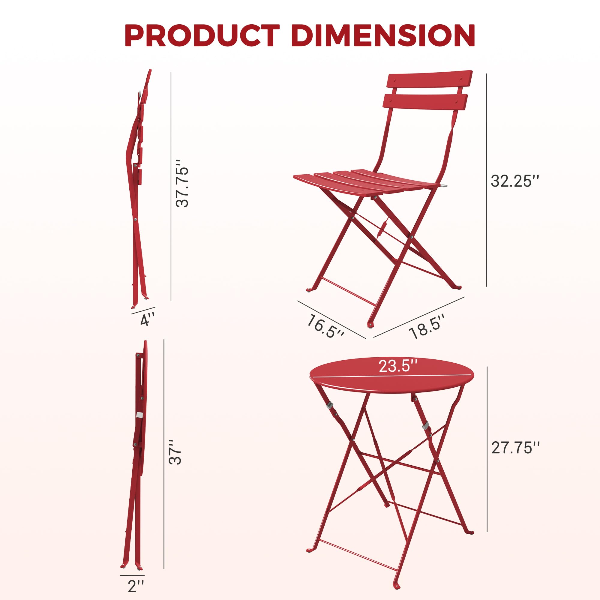 Grand patio Bistro Set 3 Stück, Gartenmöbel Set, Sitzgruppe 2 Stühle und 1 Tisch, Premium Stahl, Klappbar, Balkonset für Hof, Garten, draussen (Rot)