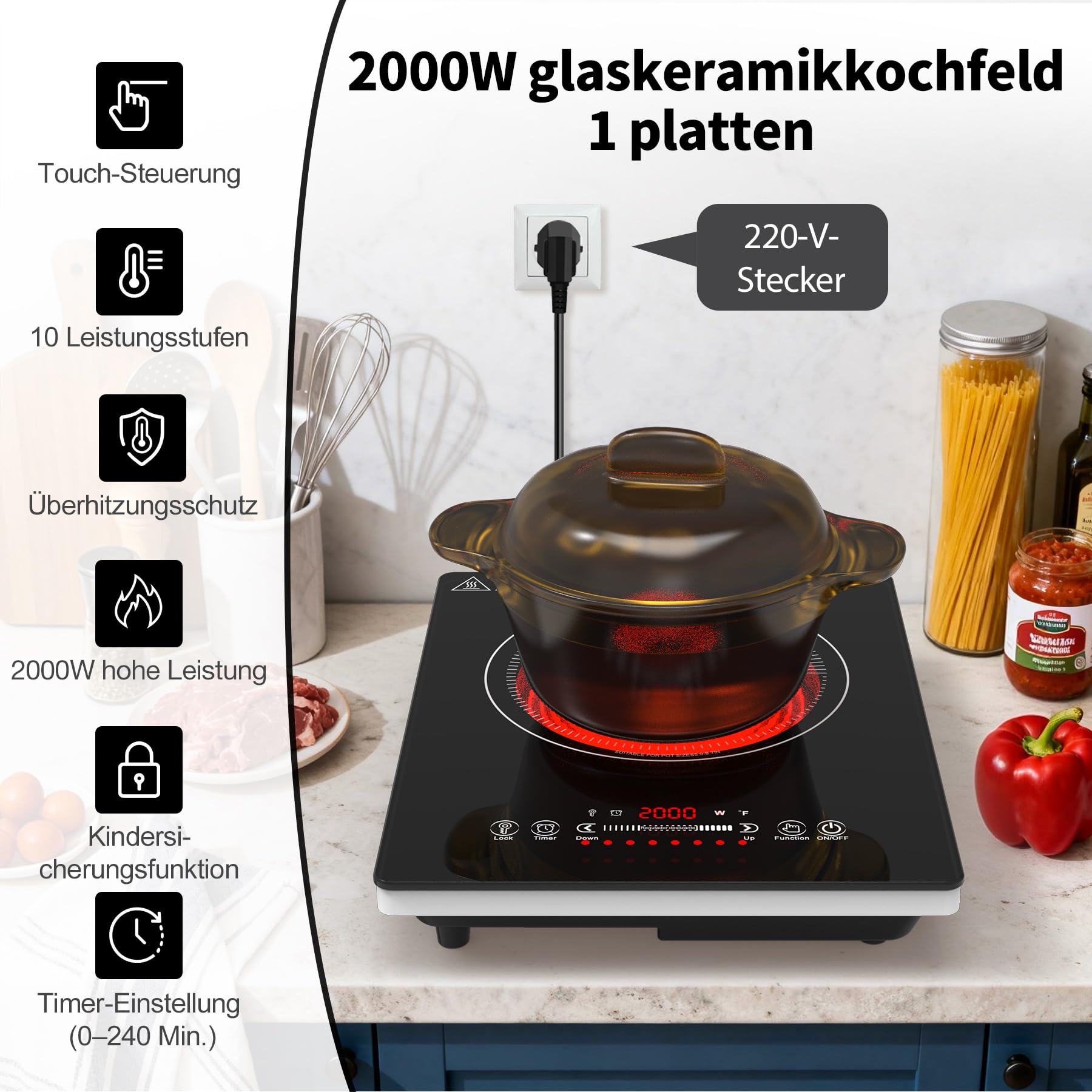 VBGK Cerankochfeld 1 Platte, 220V, 2000W glaskeramikkochfeld Cerankochfeld mit LED-Touch-Steuerung, 10 Leistungsstufen, 4-Stunden-Timer, Sicherheitsverriegelung