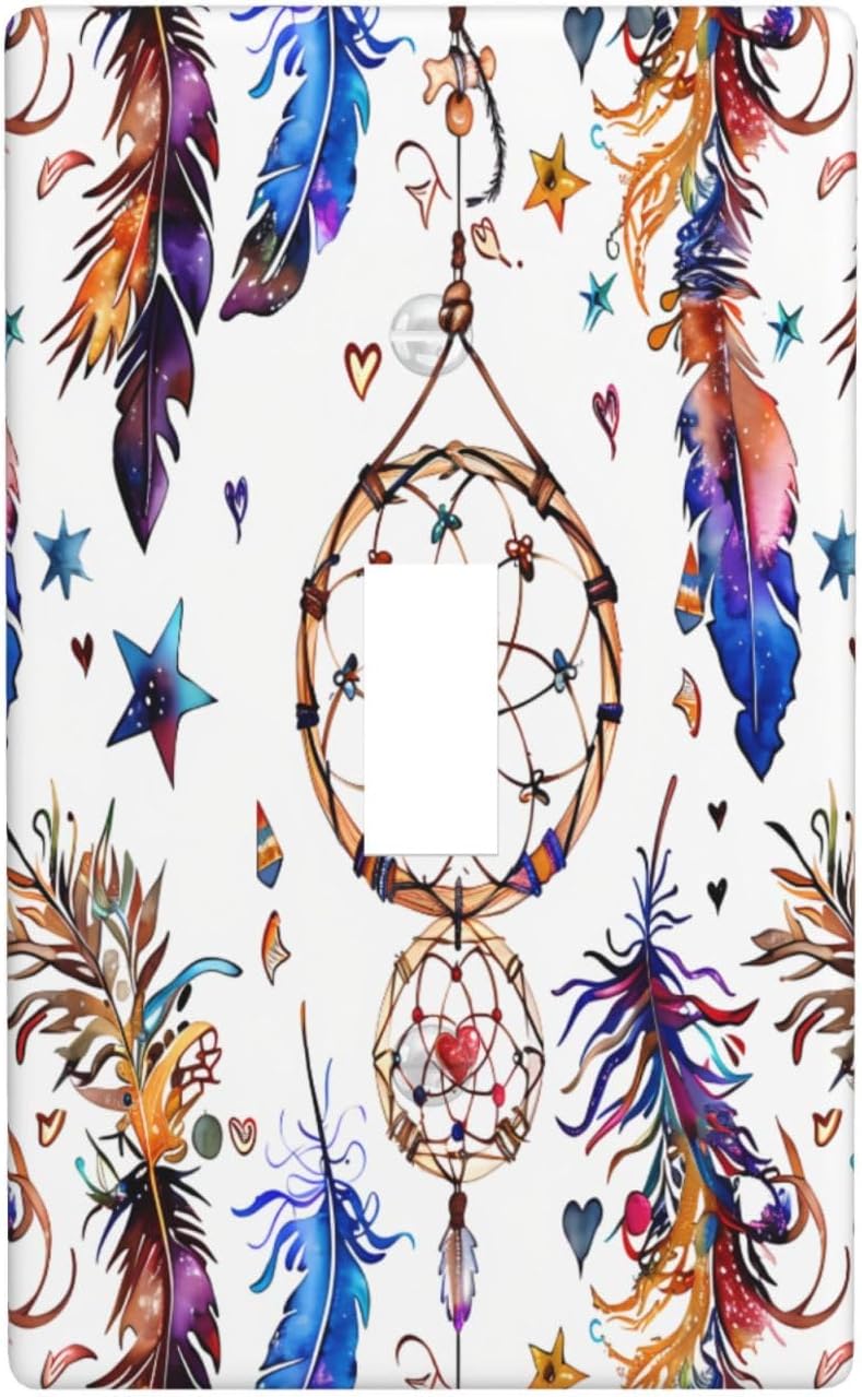 Light Switch Cover,1 Gang Single Toggle Wall Plate Cover Boho Dreamcatcher Pattern Decorative Electrical Switchplate Outlet Covers Home Decor for Bedroom,Living Room,Bathroom,Hallways & Office