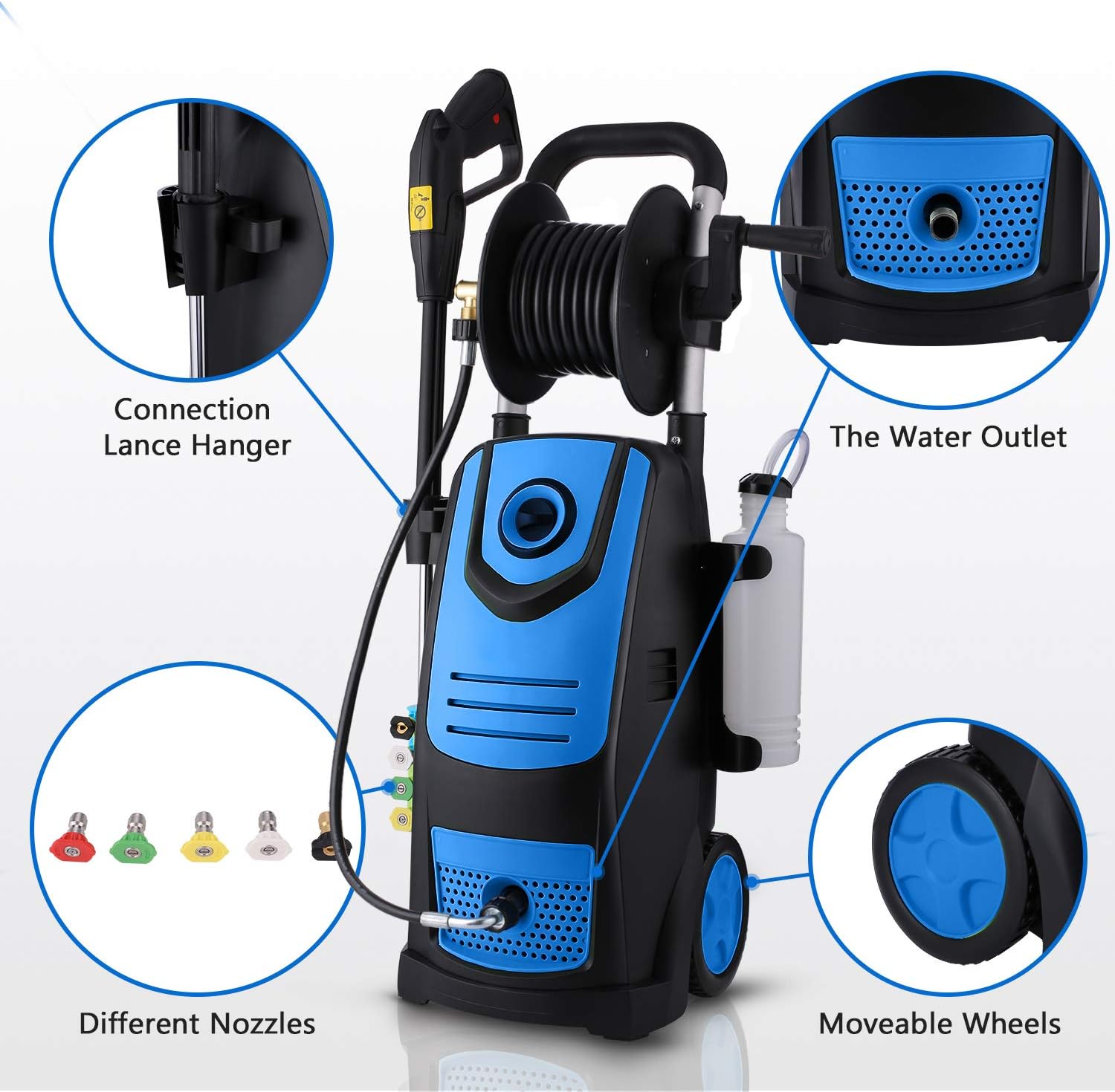 Suyncll Pressure Washer 2100PSI Electric Pressure Washer With 1.85PM Reel High Power Washer Machine Cleaner with Nozzles, Spray Gun,Detergent Tank For Cleaning Homes,Cars,Driveways,Patios (Blue) : Patio, Lawn & Garden