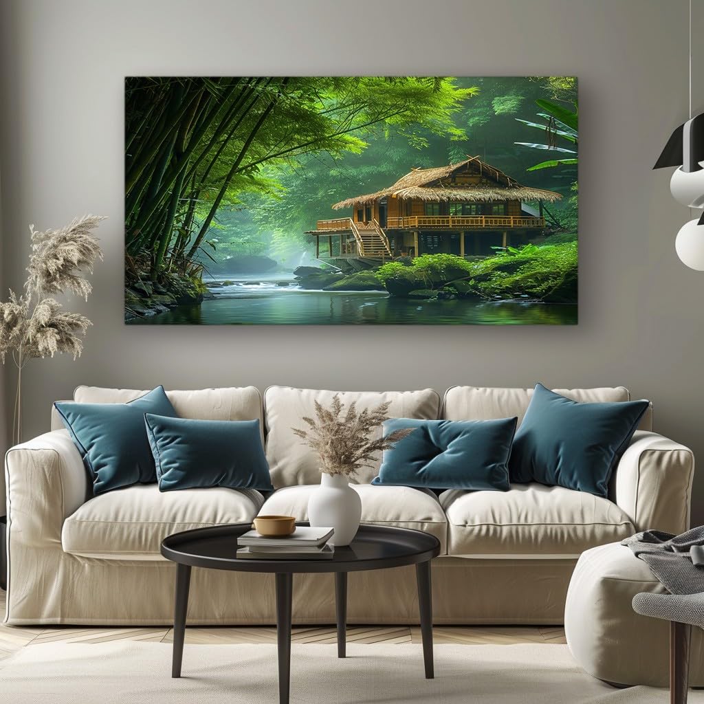 MKBKLI Abstract Canvas Wall Art for Living Room Green River House Paintings for Bedroom, Office, Kitchen - Home Decor Pictures, 50x100cm