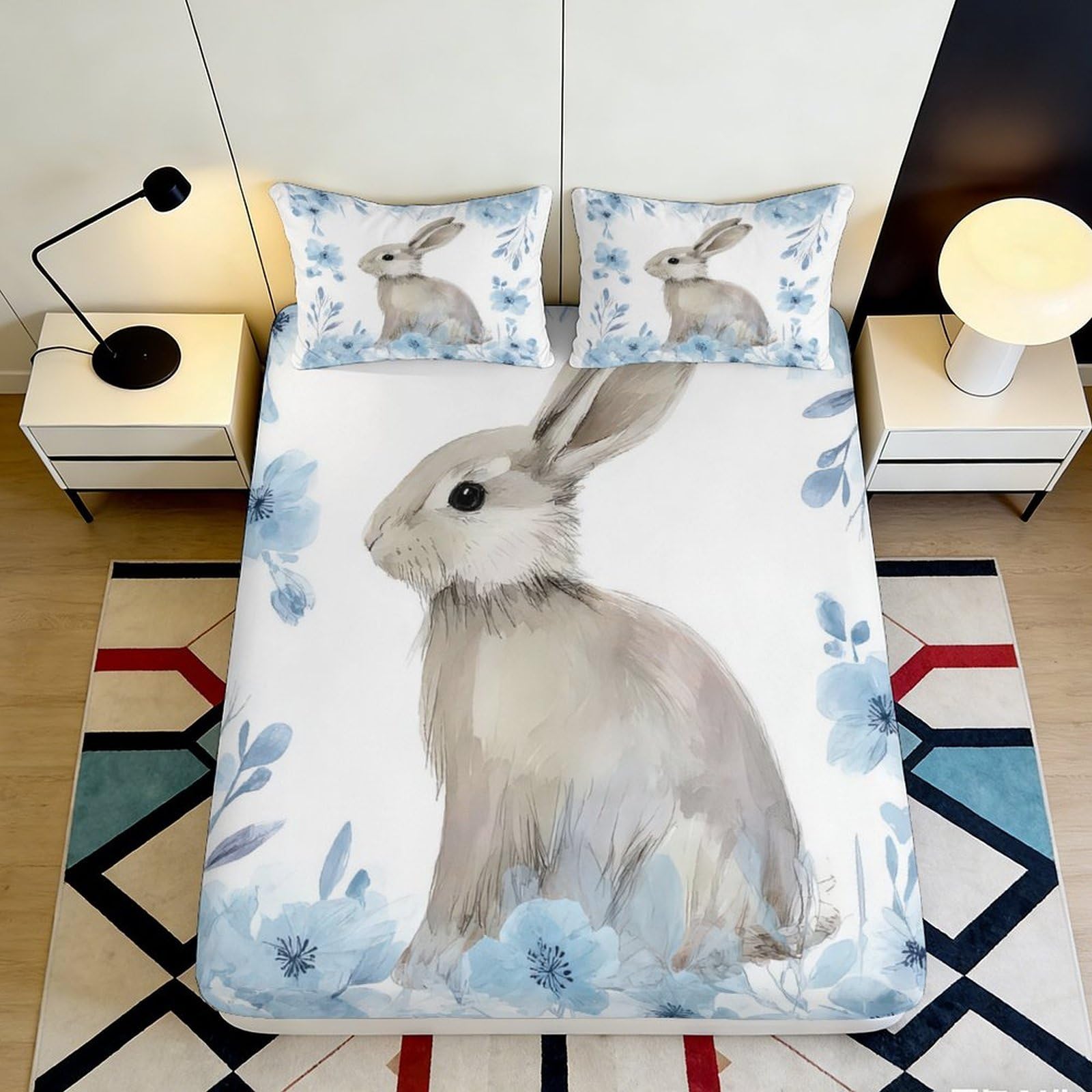 3D Printed Bunny Floral Fitted Sheet Microfiber Anti-Slip Bed Sheet for Bedroom Dorm Soft Mattress Cover Decor 180x200x25cm