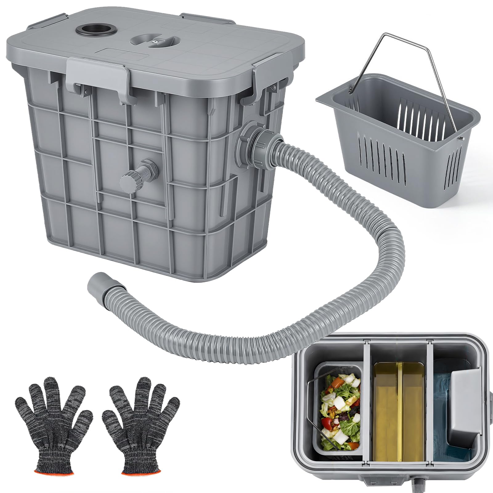 Separatore Olio, Separatore Grasso 15L Acqua Olio Cucina per Ristorazione Commerciale con 1 Ingresso Superiore Deflettori Rimovibili in PP per Separare l'Olio esausto per Cucine Ristoranti 36x26x30cm