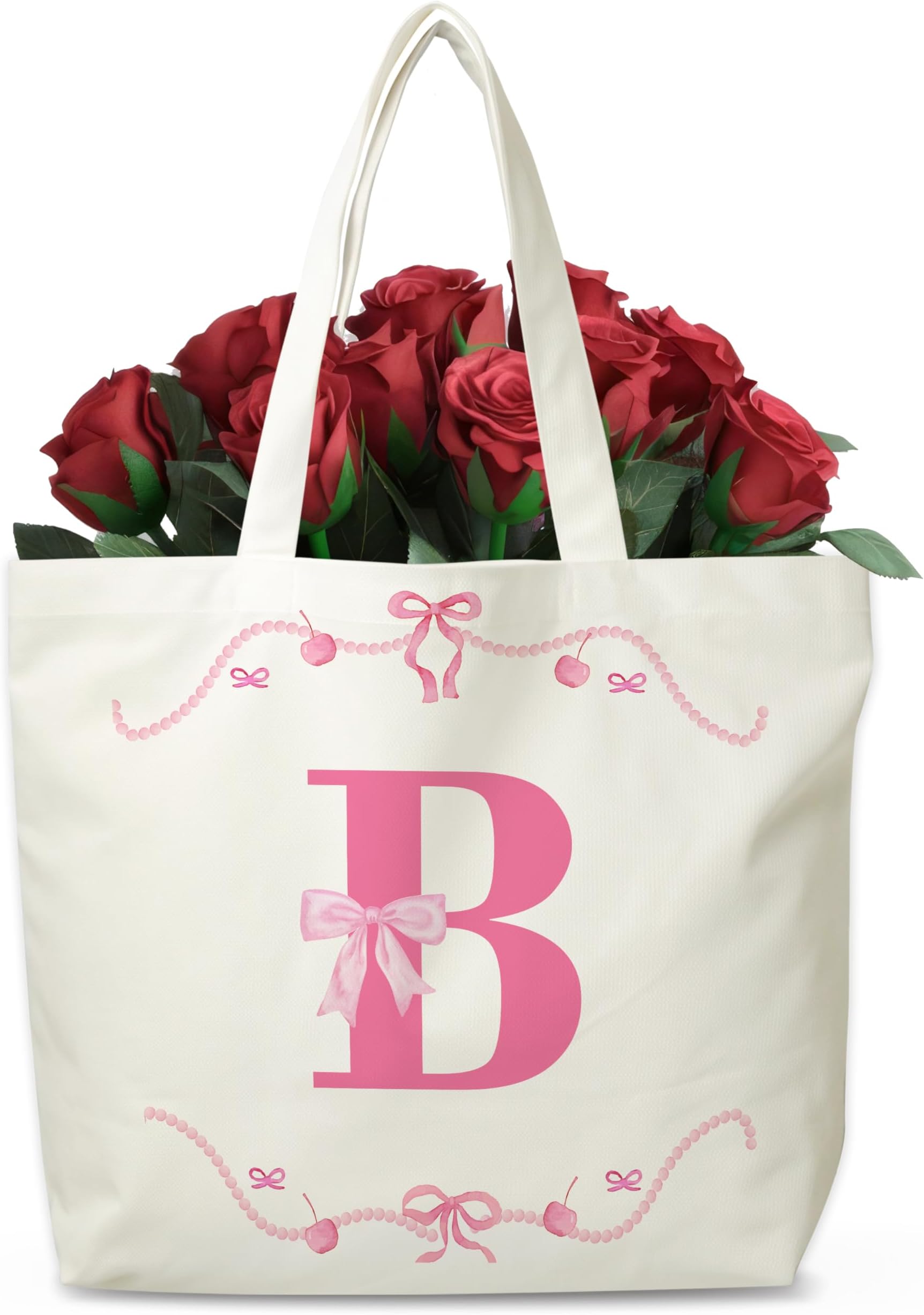 Monogram Canvas Totes with Cherry Bow Design, Reusable Cotton Tote Bag for Travel Shopping Beach