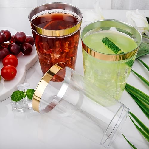 Miniatura 7 de Nervure 120 vasos de plástico dorados  Vasos de plástico con borde dorado de 10 onzas  Vasos desechables dorados resistentes  Vasos de plástico