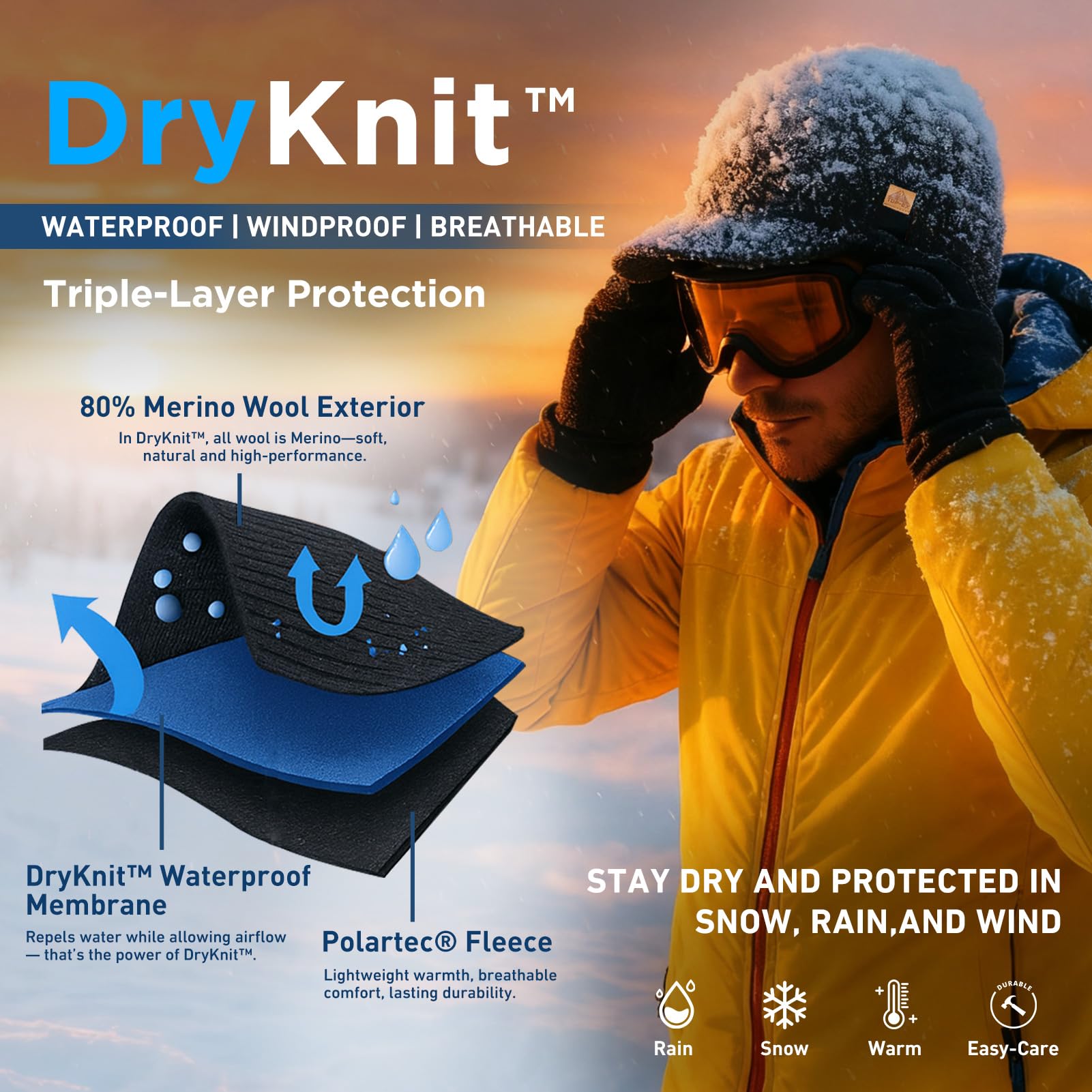 DryKnit Bonnet imperméable en laine mérinos L/XL/XXL avec visière à bord, bonnet d'hiver chaud pour homme et femme