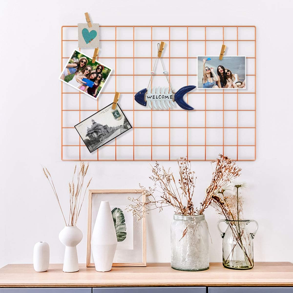 Grid Panel Grid Mesh Display Panel Decorative Iron Rack Clip Photograph Wall Hanging Picture wall,Ins Art Display Photo wall, 25.6x17.7 Inches(Gold)