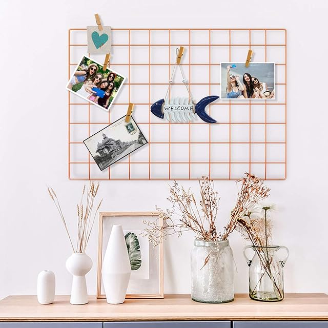 Oucles Grid Panel Grid Mesh Display Panel Decorative Iron Rack Clip Photograph Wall Hanging Picture wall,Ins Art Display Photo wall, 25.6x17.7 Inches(Gold)
