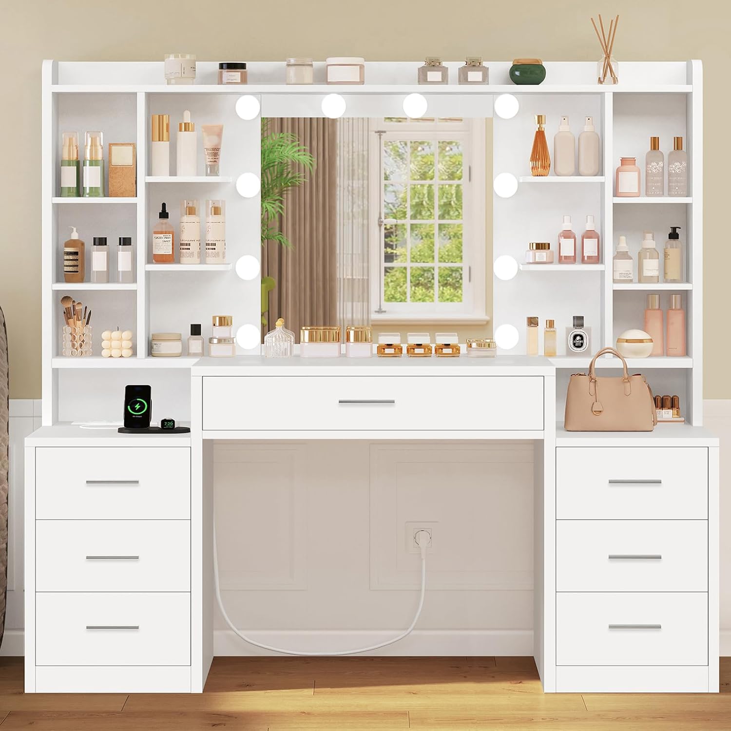 Grande coiffeuse avec miroir lumineux LED et prise électrique, coiffeuse de maquillage avec 7 tiroirs et de nombreuses étagères ouvertes, coiffeuse blanche pour chambre de fille_voghion.com