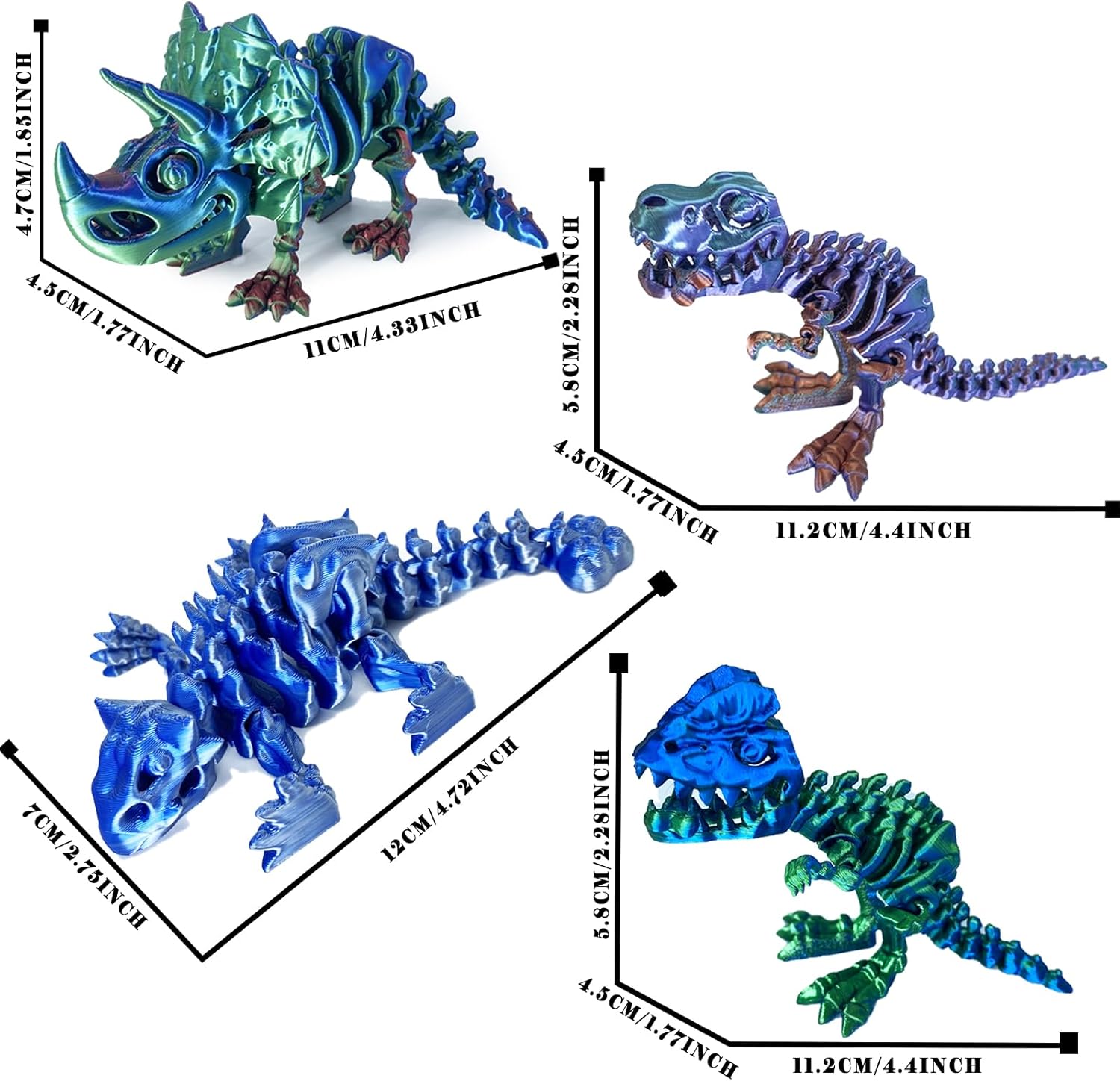 4Pcs 3D Printed Dinosaur Skeleton, Articulated Tyrannosaurus Rex with Bones, 3D Printed Triceratops, Ankylosaur, 3D Printed Animals, Dinosaur Themed Party Decor, Stress Relief - Image 3