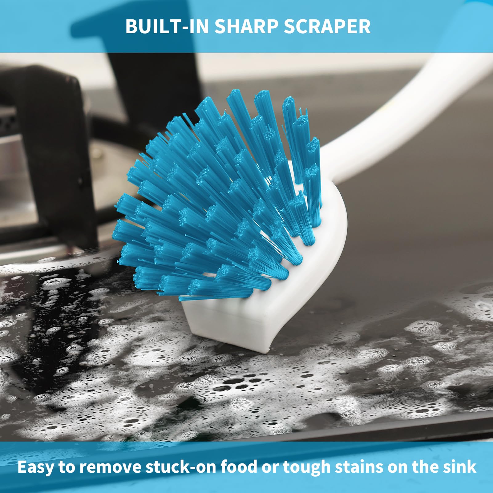 Cepillo para platos con asa, paquete de 2 cepillos para fregar, color azul | Raspador integrado, para limpiar cocina, ollas, sartenes y fregaderos, herramientas de lavado de fregadero