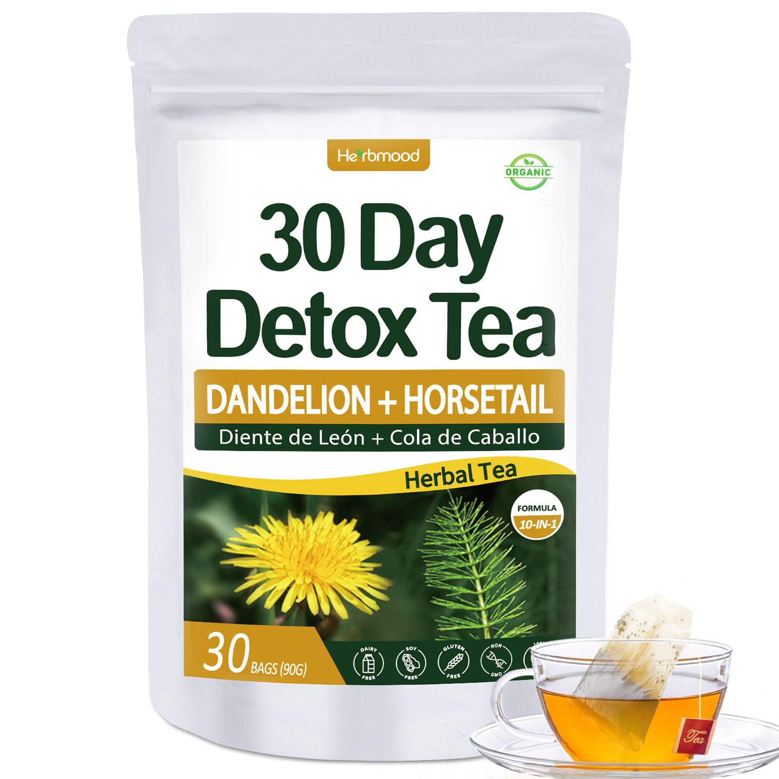 Herbmood 30 Day Detox Tea for body Cleanse, Te de Diente de Leon & cola de caballo Organico Natural, Limpieza de Colon y Desintoxicar, Digestive Health, Edema & Bloating Relief for Women, 30 Bags