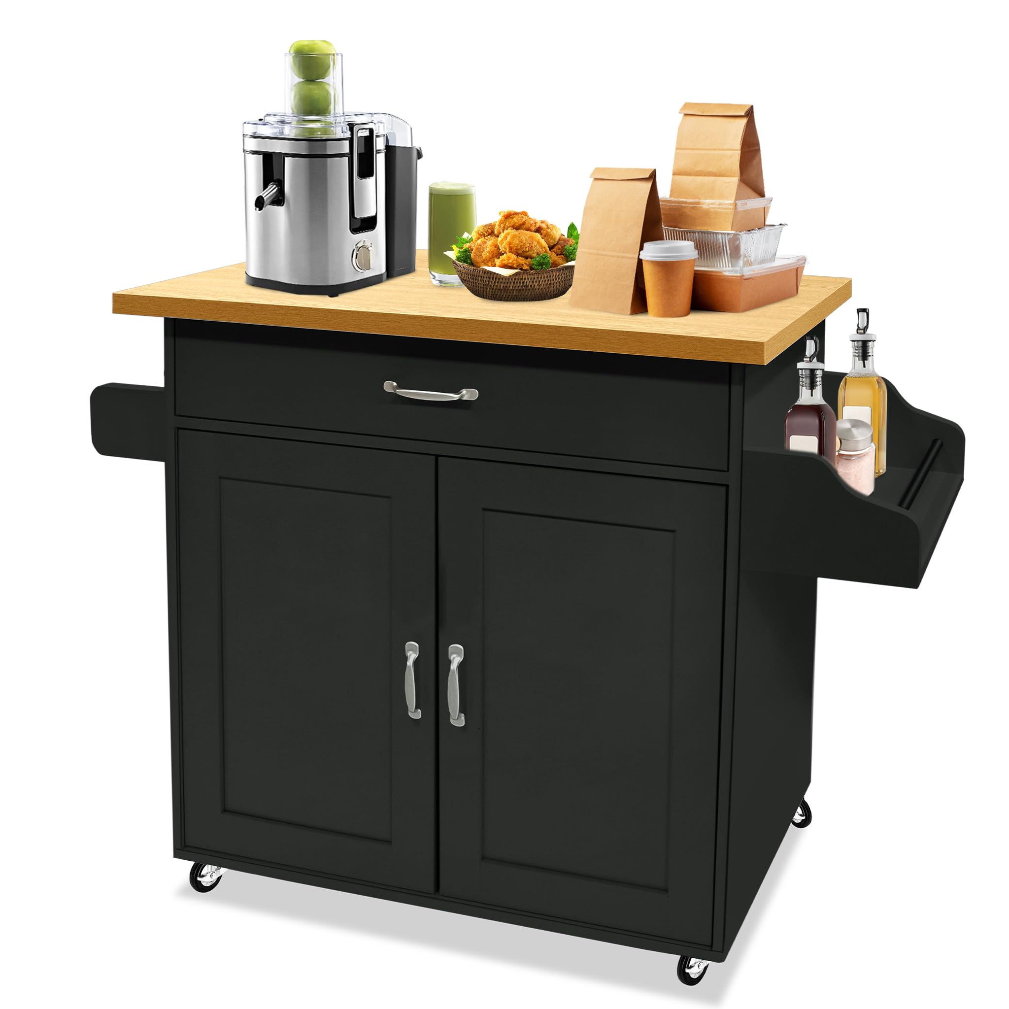 UISEBRT Carro de cocina con tablero de trabajo de madera, armario de cocina con ruedas con cajón y estante, carrito de servir de estilo rústico, carro de cocina móvil, negro