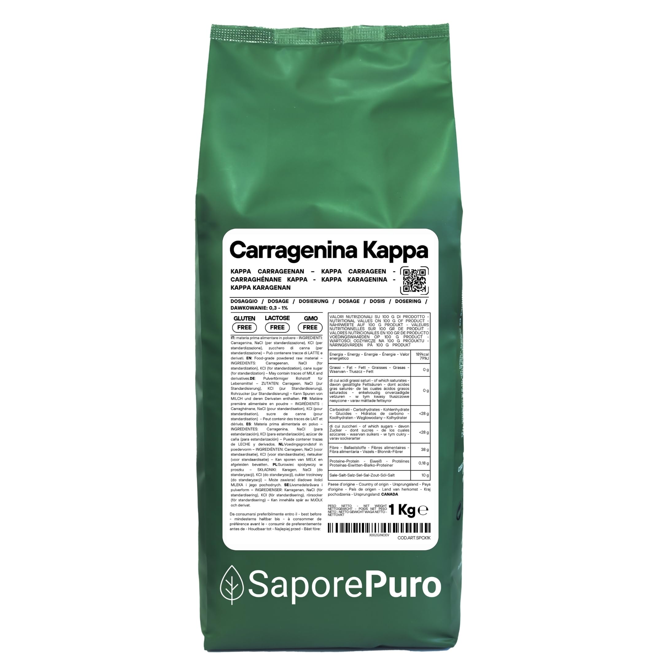 SaporePuro Carragenina Kappa in Polvere 1000 g – Senza Glutine – Gelificante e Stabilizzante per Preparazioni Salate, Carni, Gelatine e Dessert