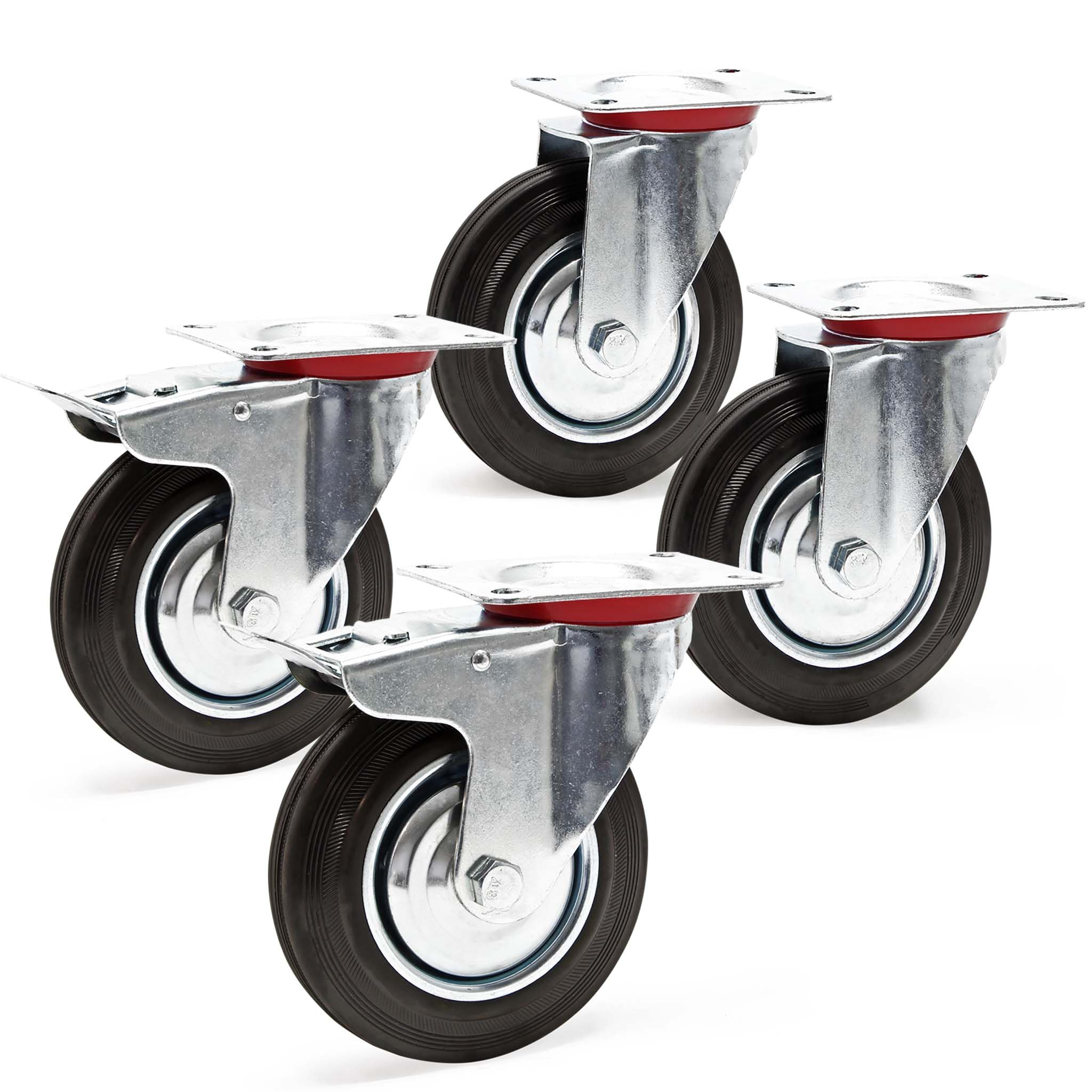 Set 4 Ruote Per Carichi Pesanti - 2 Fisse E 2 Pivotanti Con Freno, Diametro 200 Mm, Gomma Piena