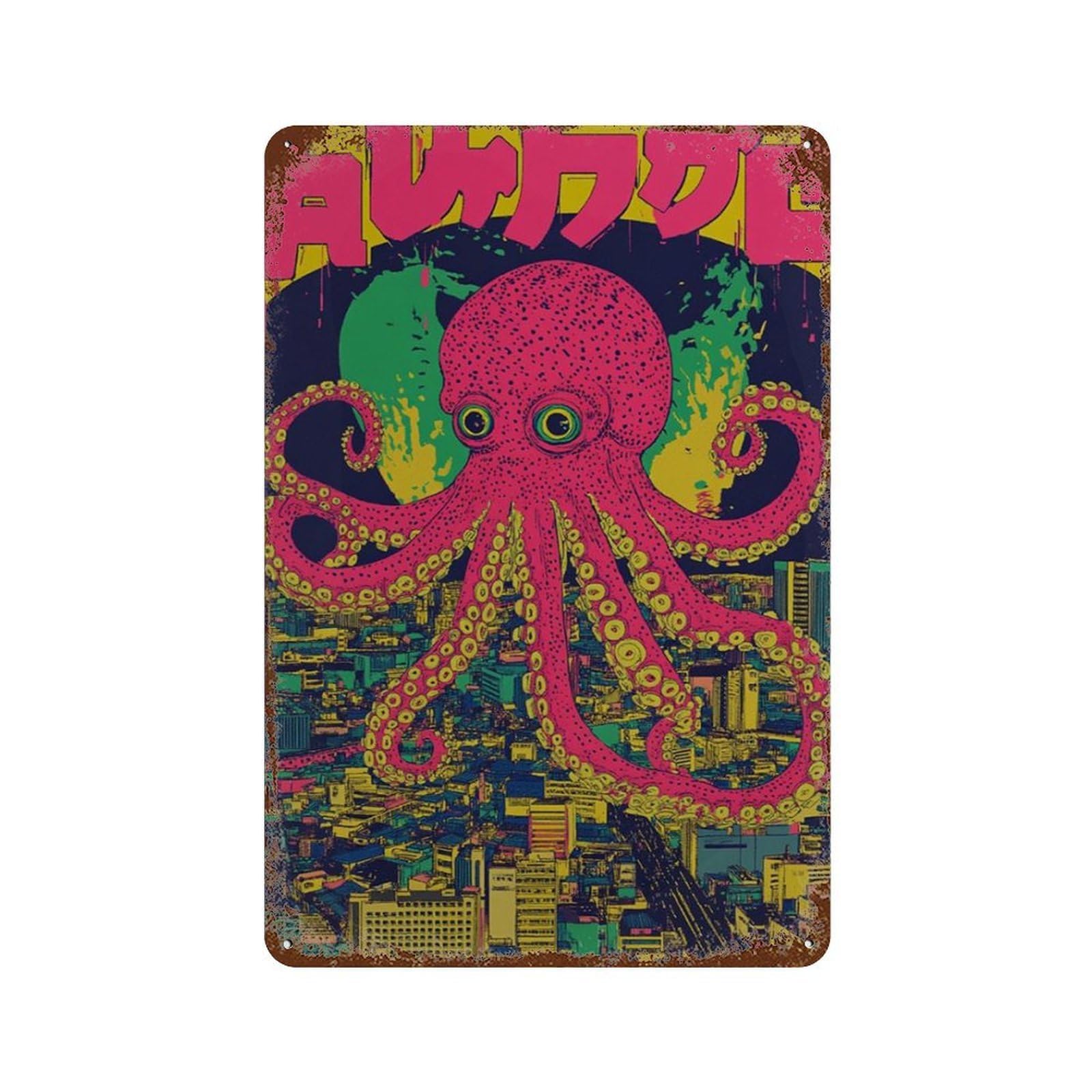 xiaoxiaoshen Giant Octopus Tokyo City Japanese Urban Bold Neon Graphic Wall Decor Art Metal Tin Poster Modern Home Decor Art Home Bar Shop Decorations Vintage Sign 30x20cm