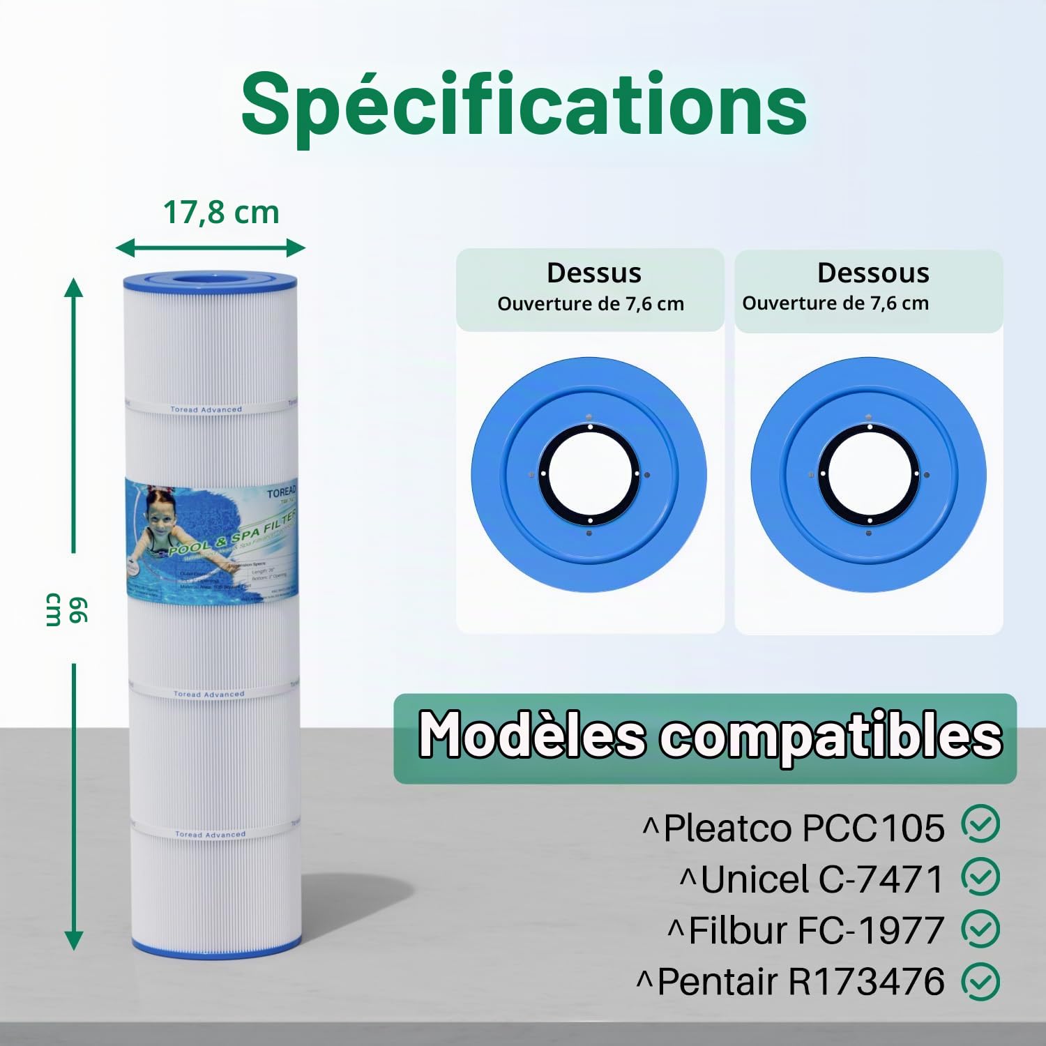 Lot de 4 filtres de piscine CCP420 remplaçant Pentair Clean and Clear Plus 420, PCC105-PAK4, Ultral-A6, Unicel C-7471, R173576, Filbur FC-1977, 817-0106, 178584, 570-0425 Pour 10 m² Dimensions de la