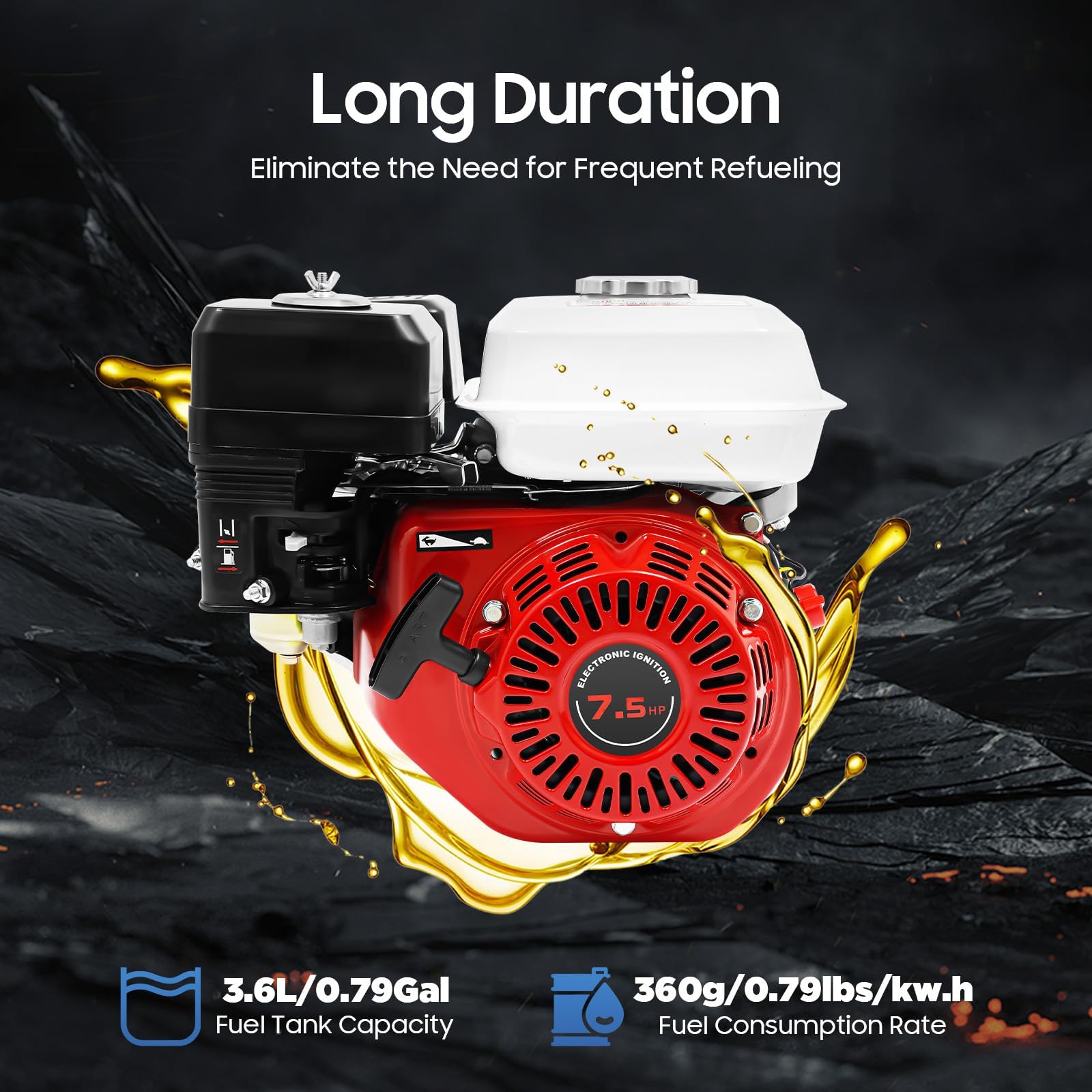 Motor 4 Tiempos 212cc 7.5HP 3600rpm, Motor Gasolina para motoazada, hormigonera, motocultor pequeño Gasolina, Arranque Manual, protección por Falta de Aceite, refrigeración por Aire