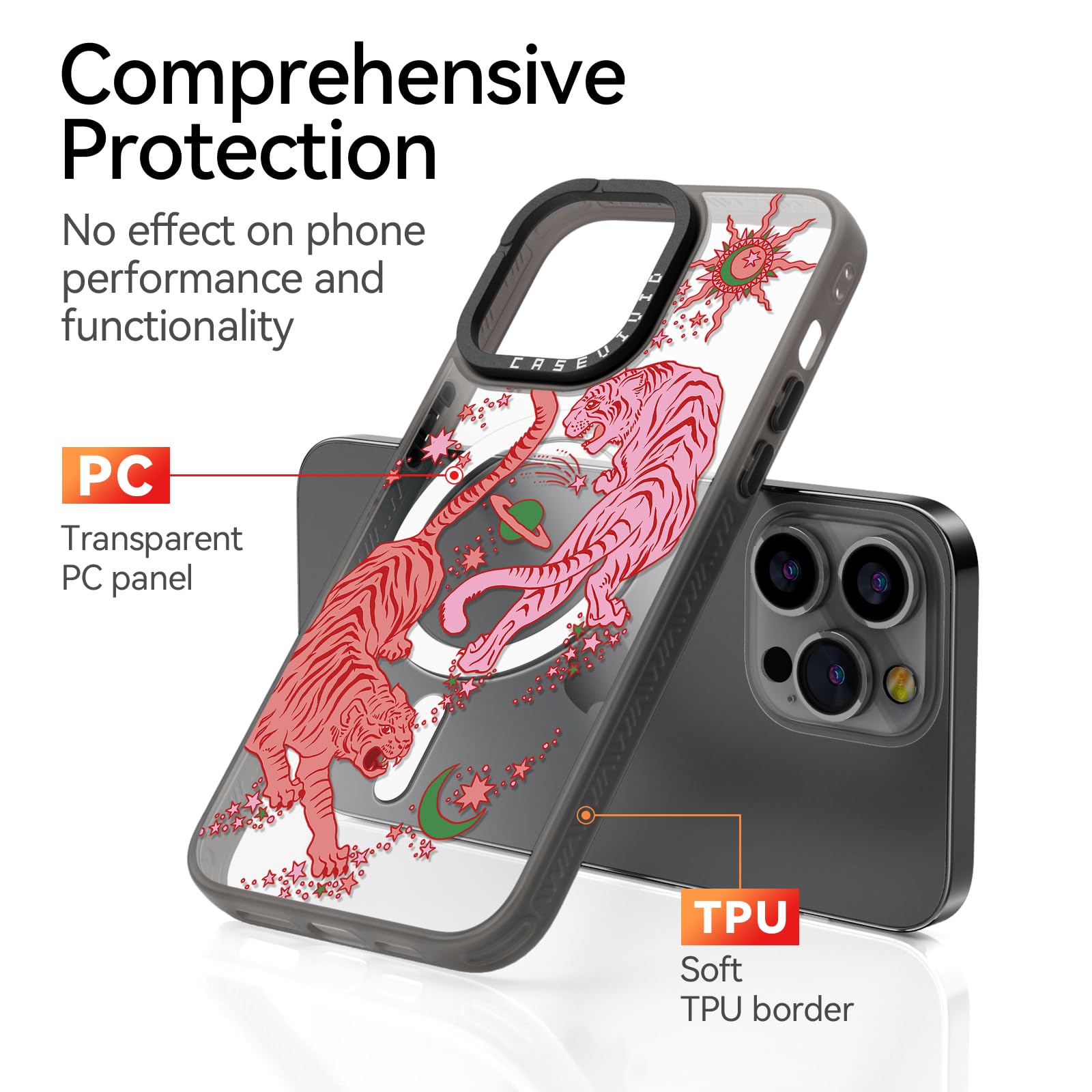 Funda magnética para iPhone 14 Pro Max Magsafe bonita estética, funda de teléfono de carga inalámbrica negra con correa para la muñeca, diseño de estampado de tigre femenino para mujer y