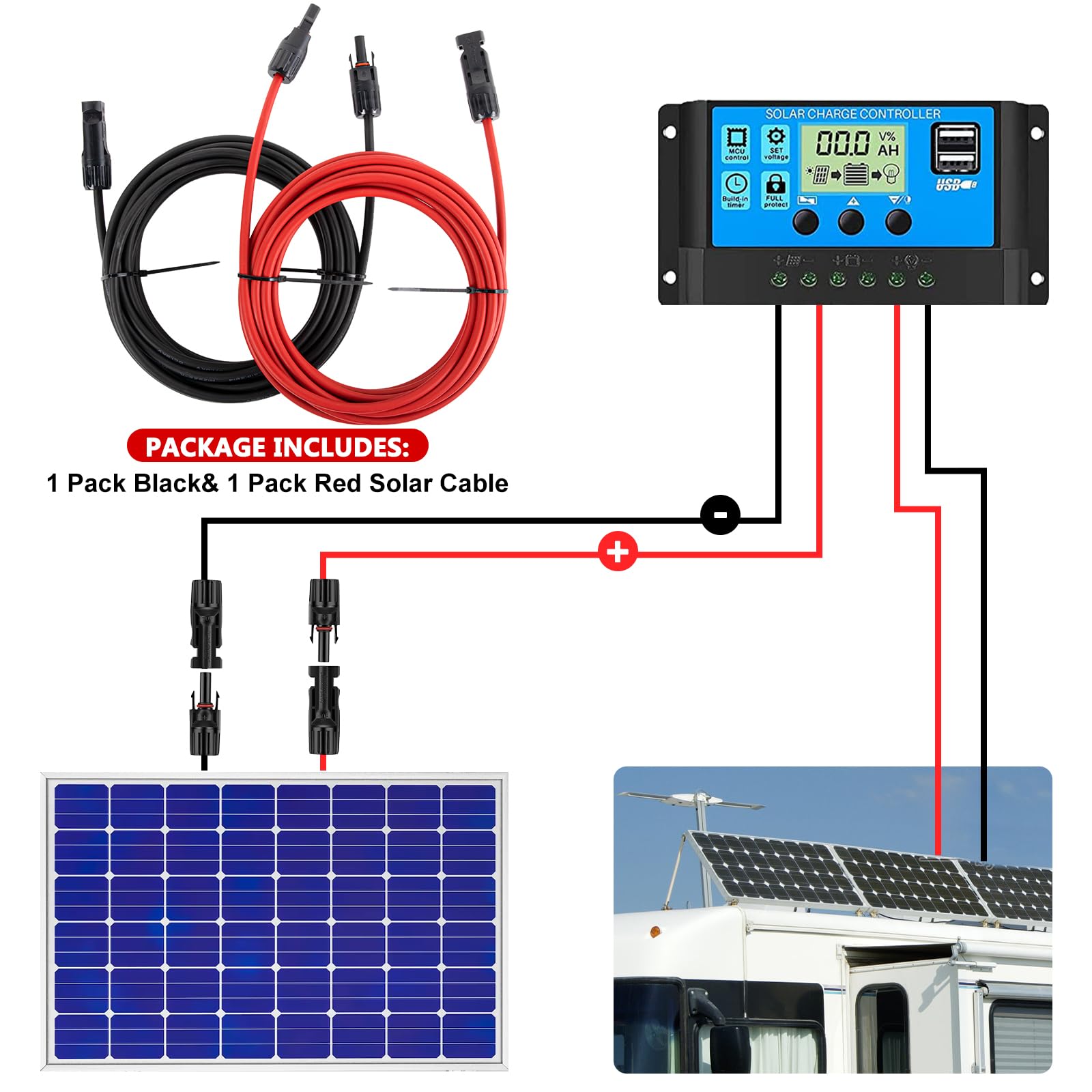 Cavo di prolunga per pannello solare, 12 AWG, cavo per pannello solare con connettori femmina e maschio, impermeabili, per camper, sistemi fotovoltaici (30 m rosso + 30 m nero)