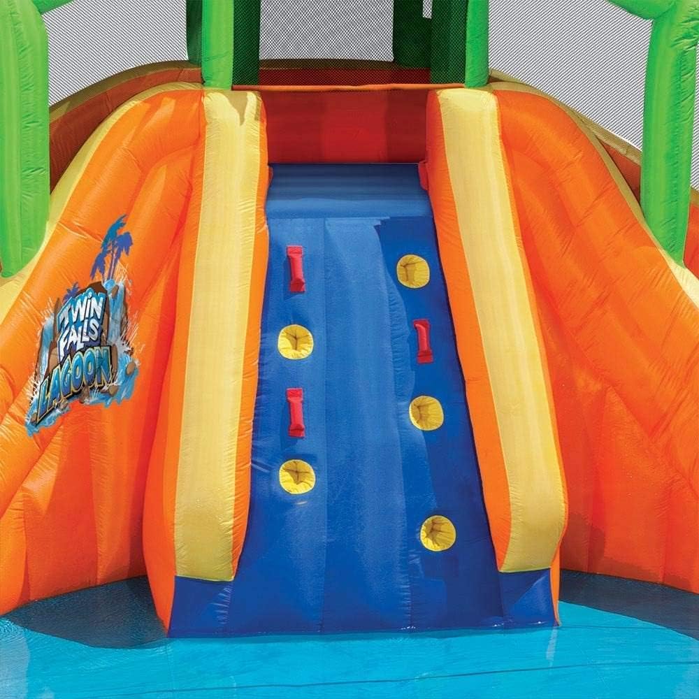 Banzai Twin Falls Lagoon, Length: 16 ft 8 in, Width: 11 ft 10 in, Height: 8 ft 4 in, Inflatable Outdoor Backyard Water Slide Splash Toy