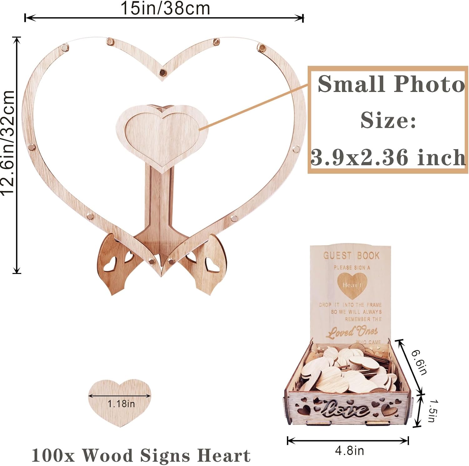 Heart Wedding Guest Book Alternative, Wood Guest Book Wedding Reception with 100pcs Wooden Hearts and Drop Box, Rustic Wedding Sign Decor for Reception and Ceremony Party