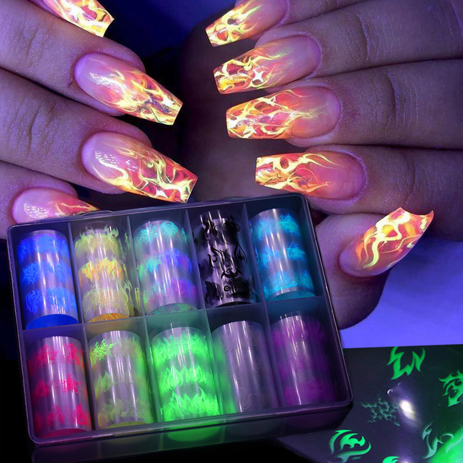 DANNEASY 10 Roll Flame Nail Foil, Holographic Nail Foils Transfer Foil for Nails Design 3D Flame Nail Art Stickers Decal Sheets for Women Girl DIY
