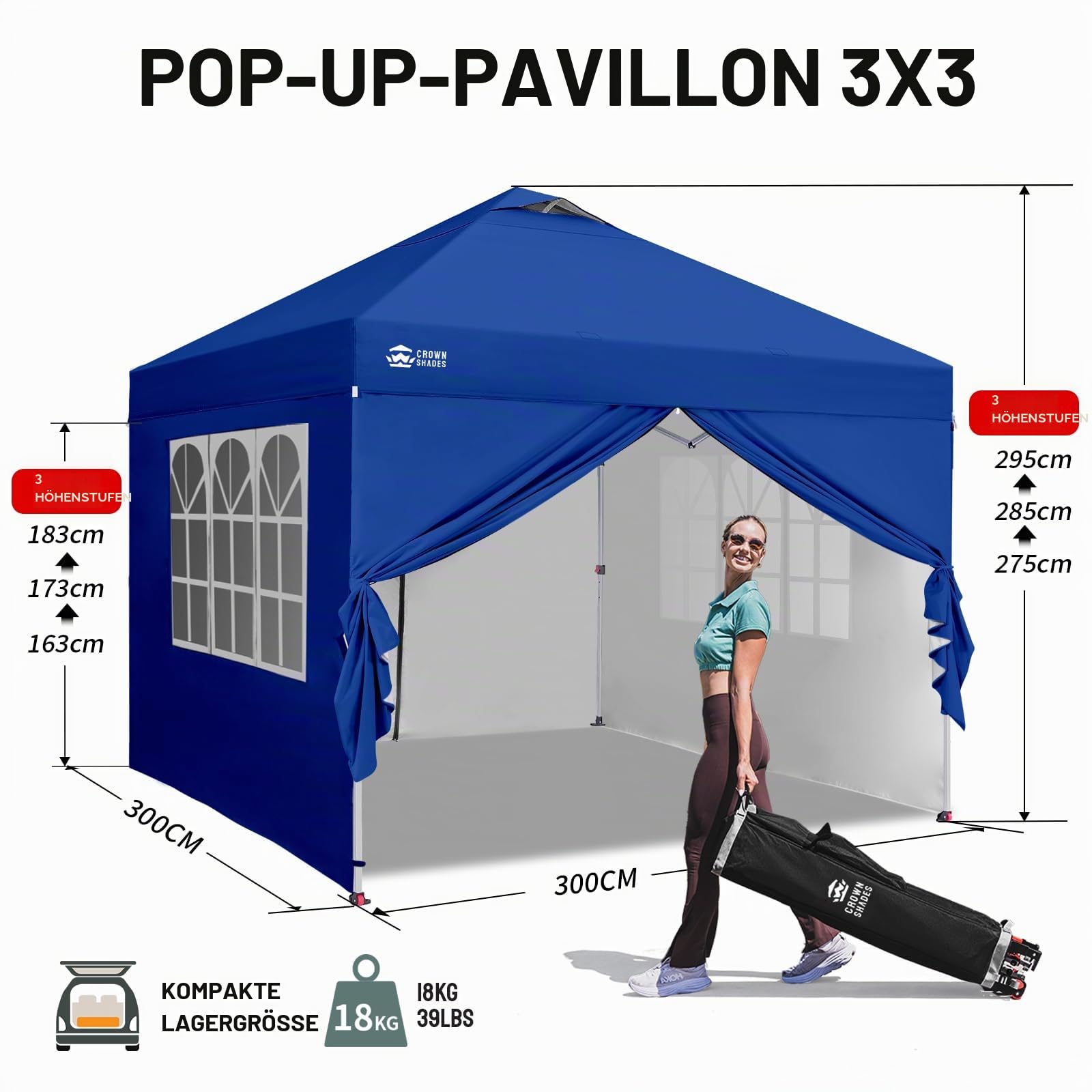 CROWN SHADES Pavillon 3x3 Wasserdicht Stabil Winterfest mit 4 Seitenteilen, Pop up Gartenpavillon UV Schutz 50+, Partyzelt Für Outdoor Camping, 3-Fach Höhenverstellbar, Pavillion mit Tragetasche