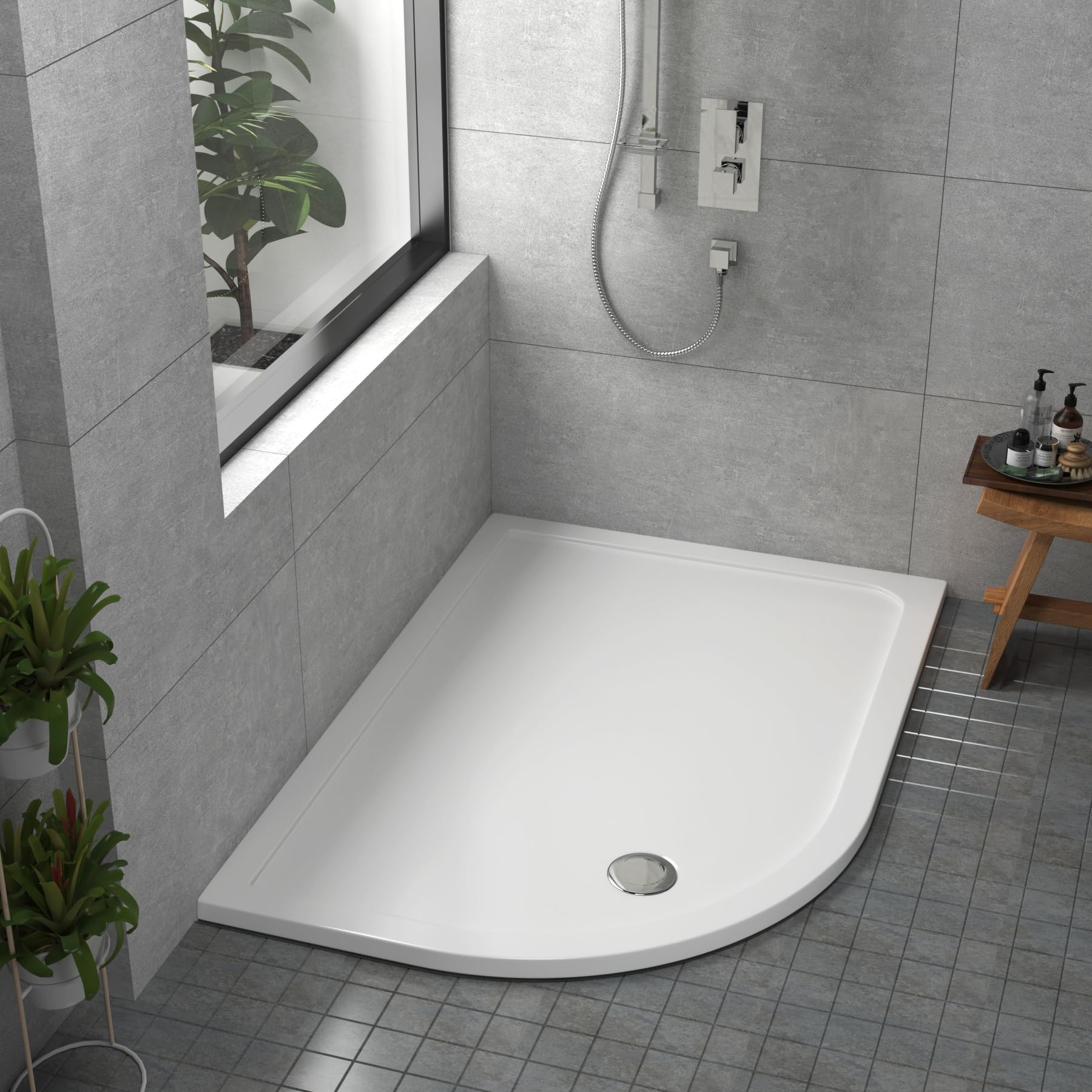 Bathroom 1200 x 800mm Shower Tray Gloss White Slimline 30mm Stone Resin Left Handed Offset Base with Free Waste Trap Kit