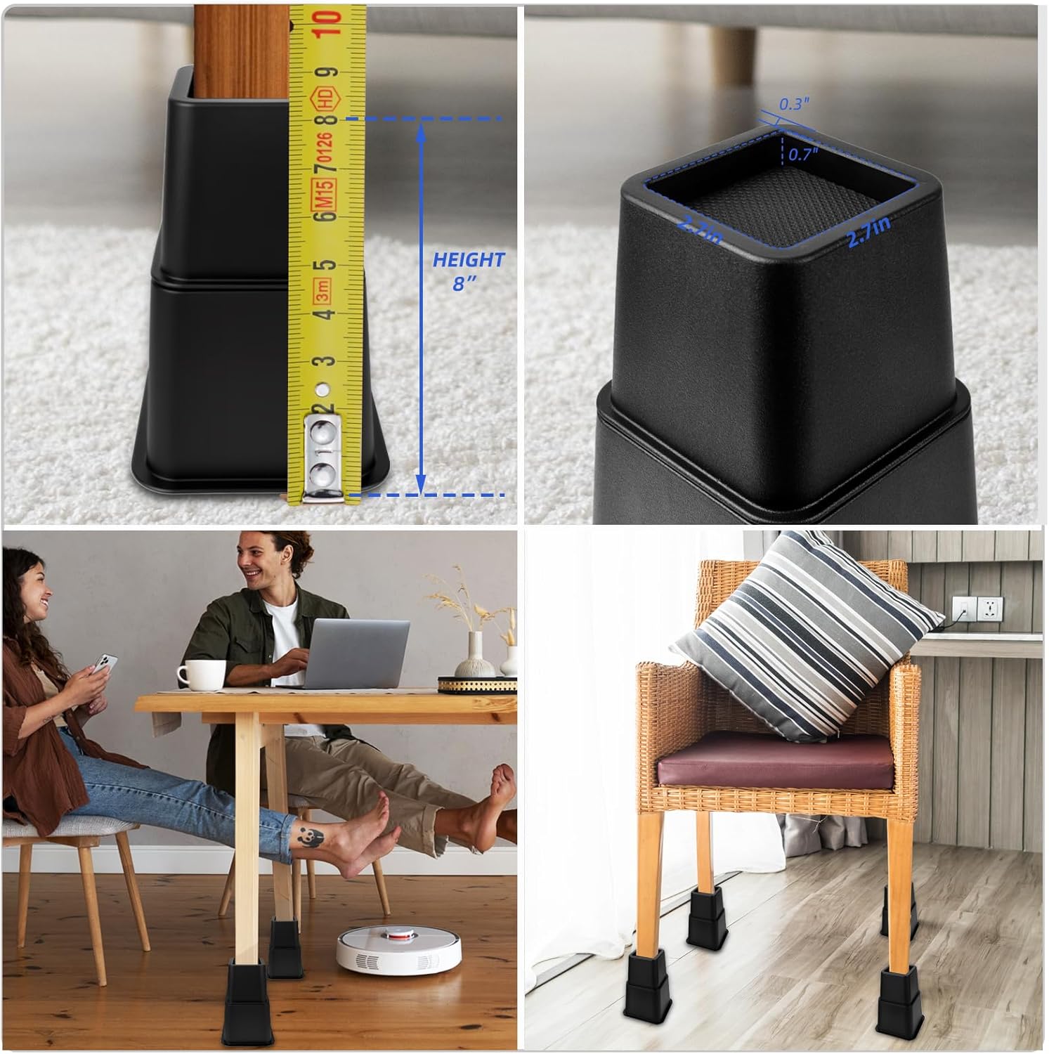 8 inch Bed Risers Adjustable Furniture Risers - Heavy Duty Non-Slip Lift Supports for Beds/Couches/Sofas, Durable Square Design with Creates Storage Space (4 Pack Black, 3/5/8 lnch Square)
