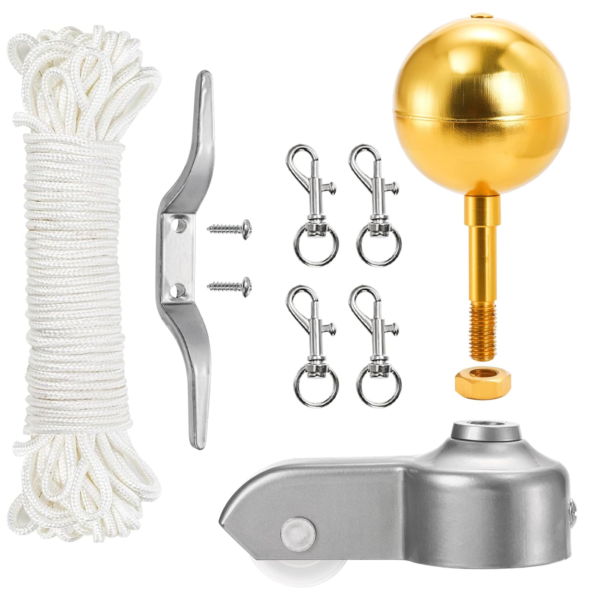 Sunnytech Flag Pole Hardware Parts Kit,55 Feet Halyard Rope+3" Topper Gold Ball,4.17" Cleat Hook + 4 PCS Metal Swivel Snap Clips + Aluminum Alloy Flagpole Truck with Nylon Pulley for 2" OD Tube