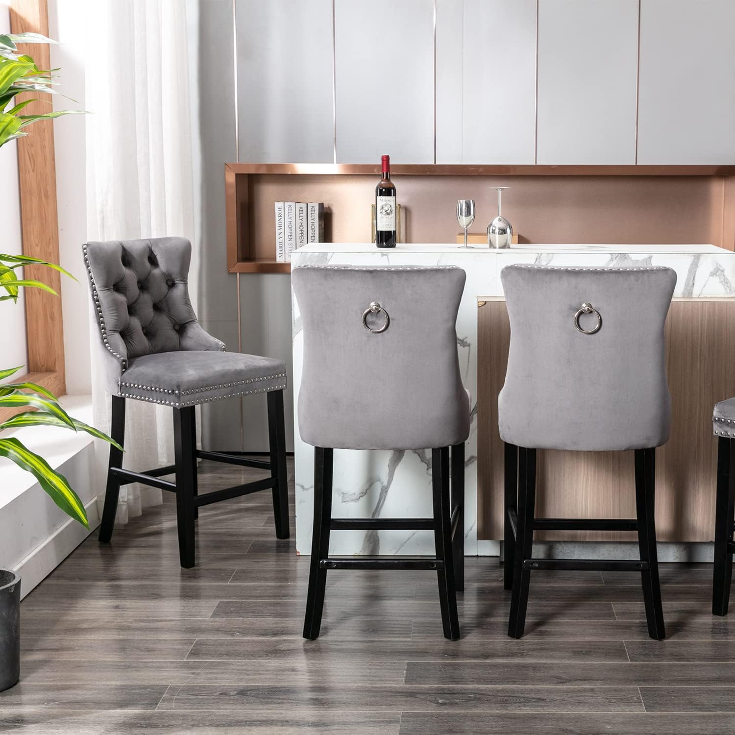 Virabit Velvet Bar Stools Set of 2, 27" Counter Height Bar Stools with Button and Nailhead Trim, Upholstered Bar Stool with Back and Wooden Legs, for Kitchen, Cafe, Pub (Grey)