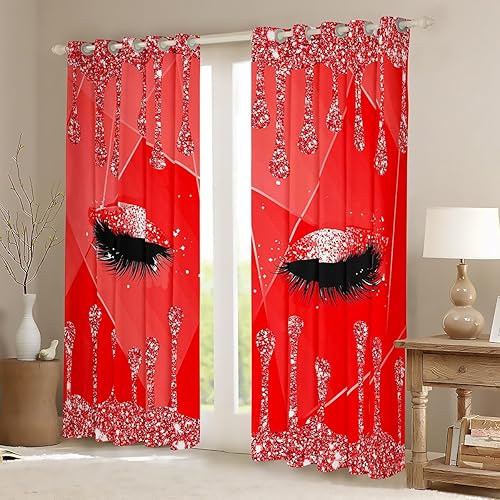 Miniatura 2 de Cortinas opacas con diseño de patrón de ojos para oscurecer las pestañas, con estampado de purpurina (sin purpurina), cortinas rojas