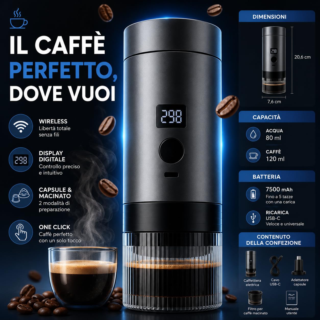 Caffettiera Elettrica Portatile Wireless con Display Digitale, Compatibile con Capsule e Caffè Macinato, Macchina da Caffè Espresso Ricaricabile USB-C, One Click, Ideale per Viaggi, Auto e Campeggio