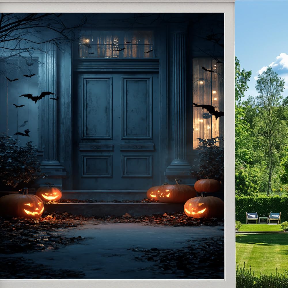 Pmlbaous Halloween Night Stained Glass Window Film, Rustic Pumpkin Lantern Gothic Peel And Stick Privacy Film, Frosted Adhesive Vinyl Decorative For Bathroom Windows Glass Doors, （45X60cm）