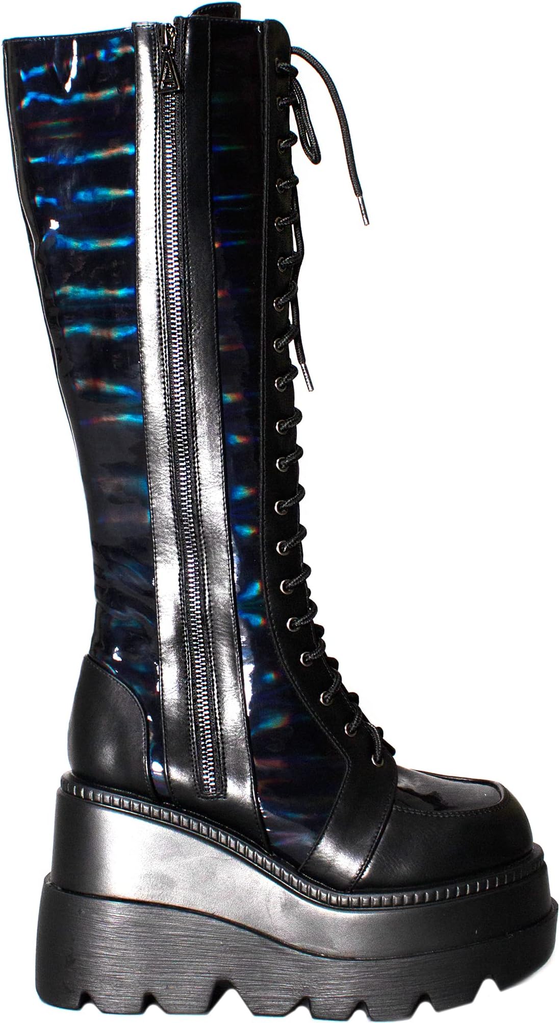 LASR Nightshade Hi Platform Boots - Black Holographic - Rave Festival EDM Iridescent Techno Dance Wear Party