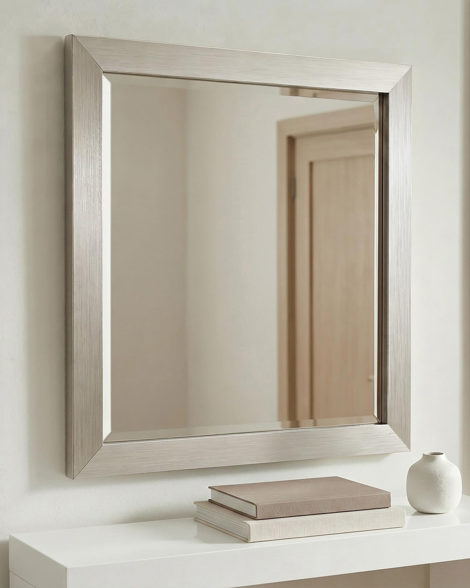 Head West 26"x32" Brushed Nickel Bathroom Mirror – Bevel Framed Rectangle Bathroom Mirrors for Over Sink, Vanity, Restroom, Bedroom, Living Room, Hallway & Entryway