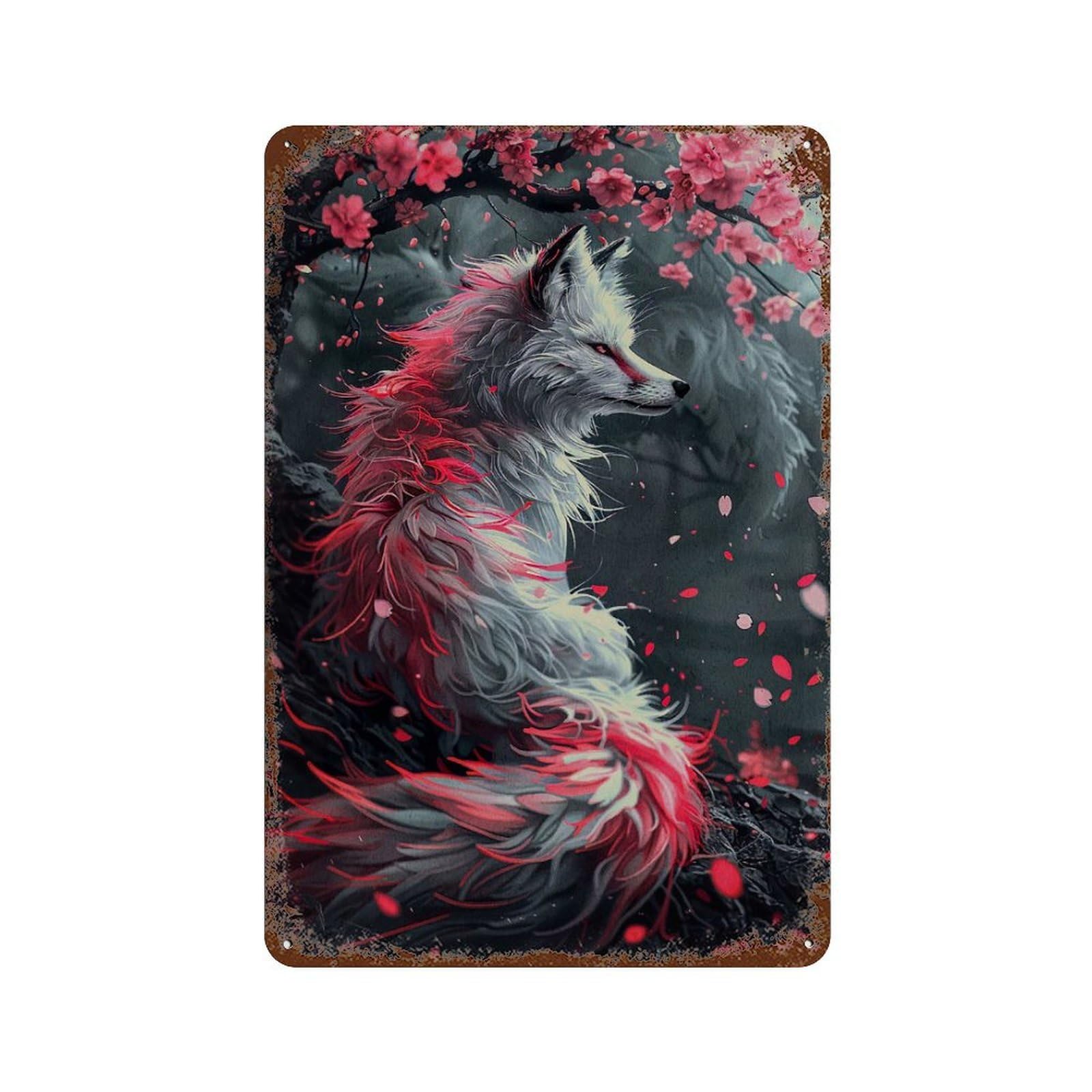 Cherry Blossom Wolf Retro Metal Sign 11.8"x7.9", for Bistro, Counter And Cafe Decor, Rustic Home Decor