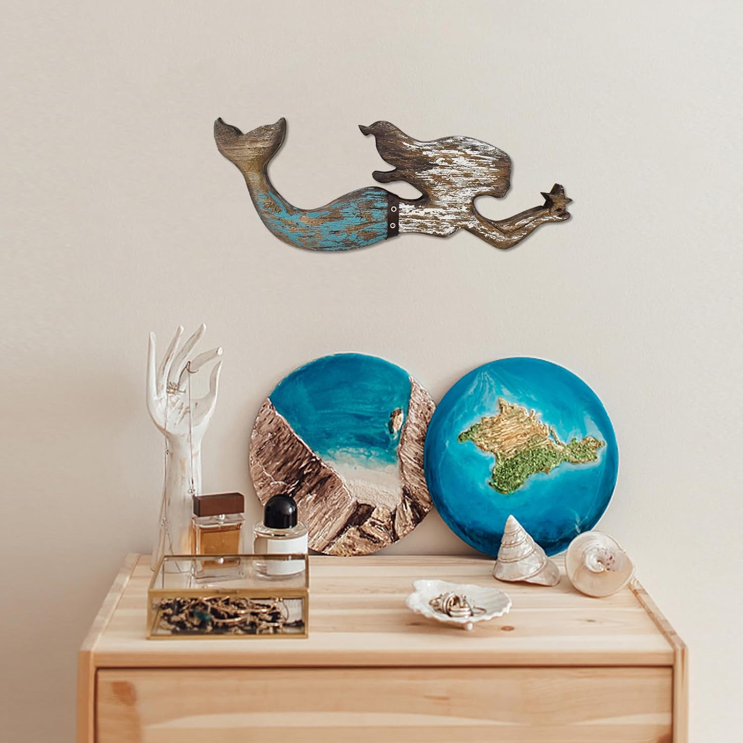 K KILIPES Wooden Mermaid Beach Wall Decor Hanging Plaque Sign Nautical Ocean Themed Swimming Mermaid Sculpture Marine Decor for Women Mum Grandma