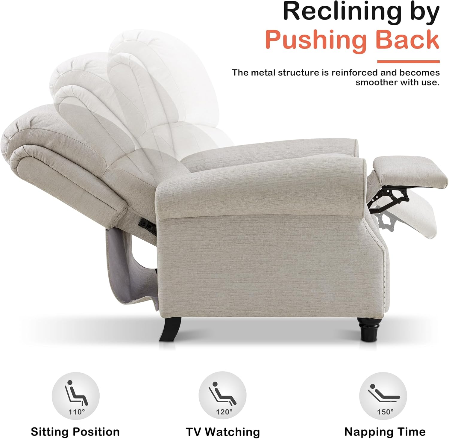 MCombo Pushback Recliner Chair, 3-Position Oversized Manual Recliner with Rolled Arms, Solid Wood Legs & Chenille Upholstery, Accent Reclining Chair for Living Room Office 4865 (Beige)