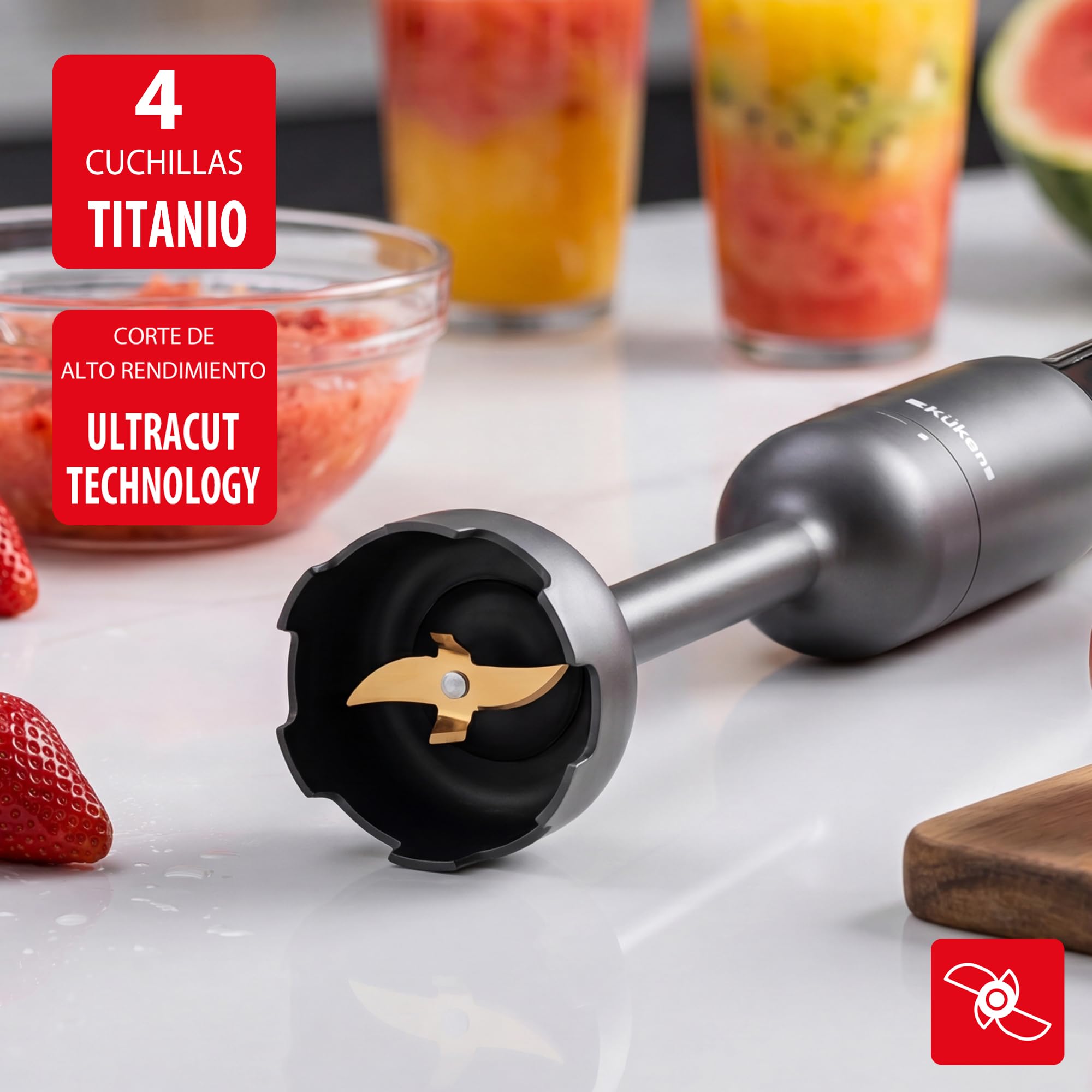 KUKEN Batidora De Mano 1000W Con Accesorios, Minipimer Profesional Con 9 Velocidades, Batidora Brazo Inox Con Pantalla LCD, Picadora, Varillas Y Vaso Graduado